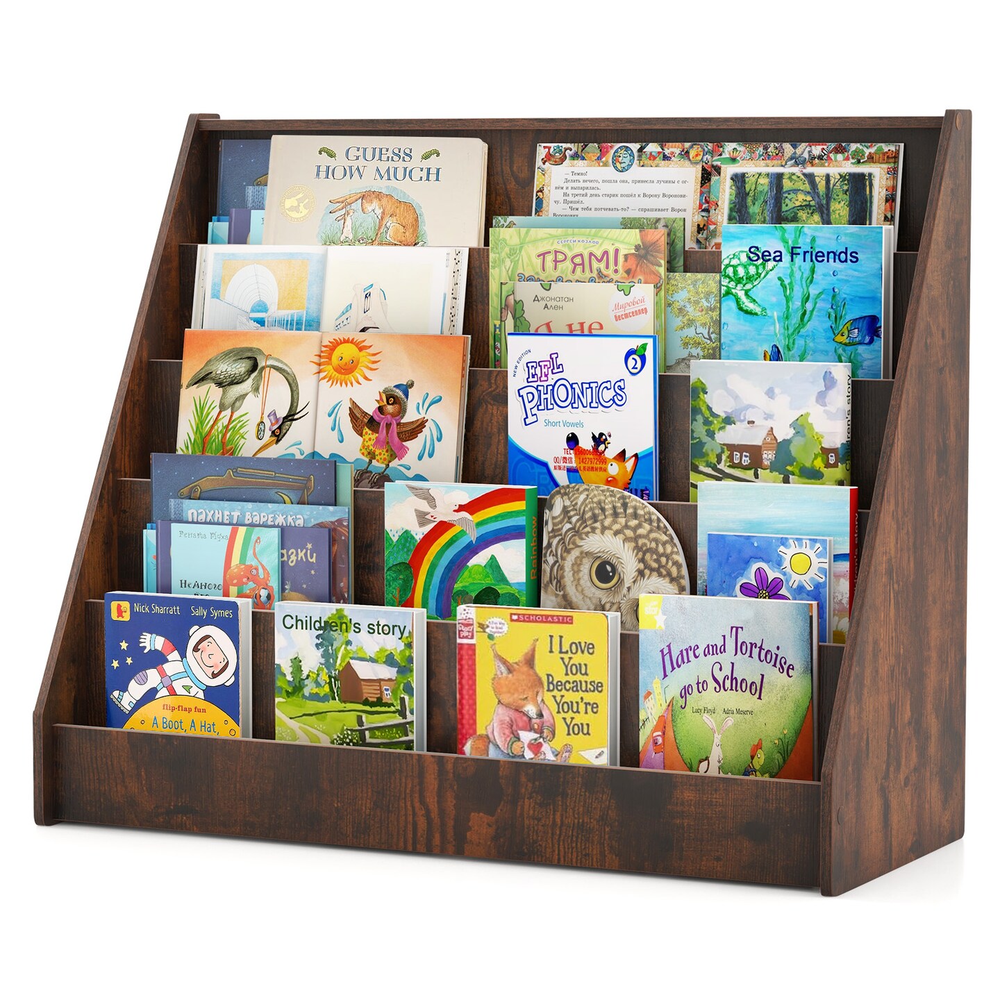 5-Tier Wooden Kids Multi-Purpose Bookshelf with Deep Compartments Suitable for Any Room
