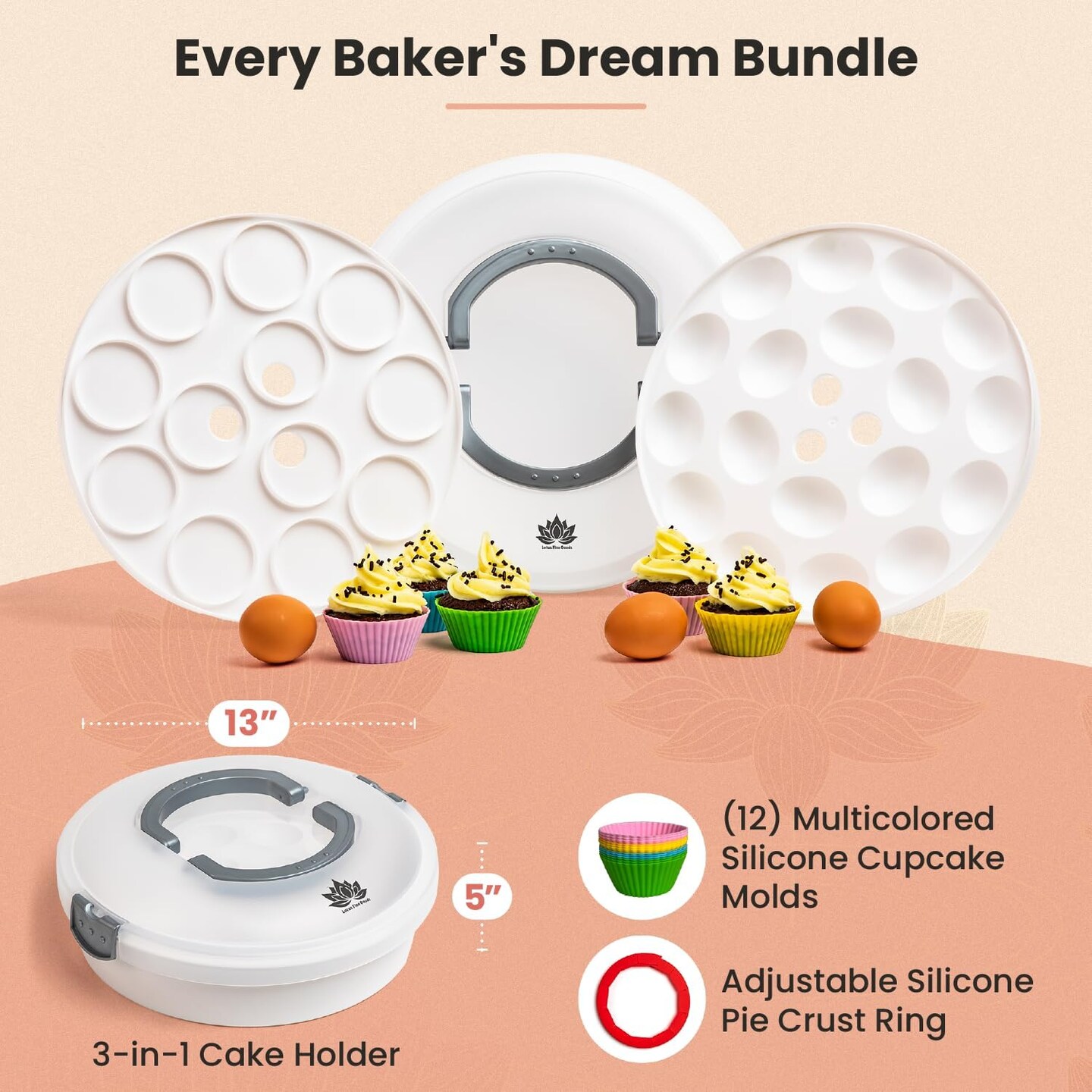 Premium 4 in 1 Cupcake Carrier with Lid - Cupcake, Deviled Egg, Pie &#x26; Cake Container - Includes Pie Crust Shield &#x26; 12 Silicone Baking Cups