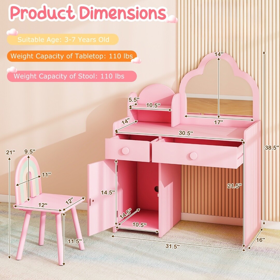 Kids Vanity Set, Cloud Shape Mirror, Storage and Pine Wood Stool