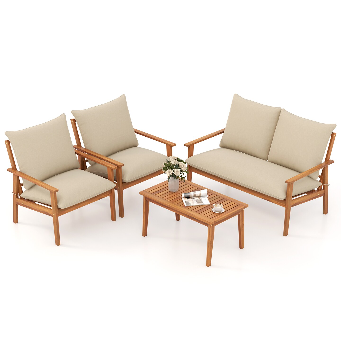 4 Pieces Wooden Outdoor Conversation Set with Soft Cushions and Rectangular Coffee Table
