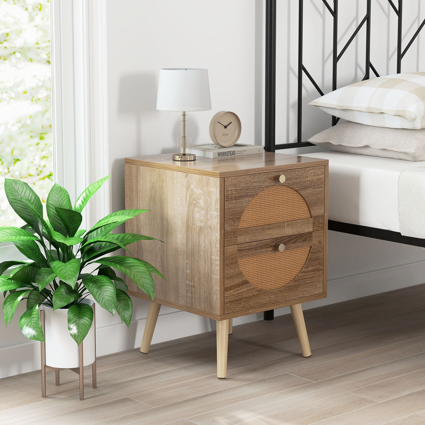 Bohemian Style Bedside Table with 2 Drawers and Solid Pine Wood Legs