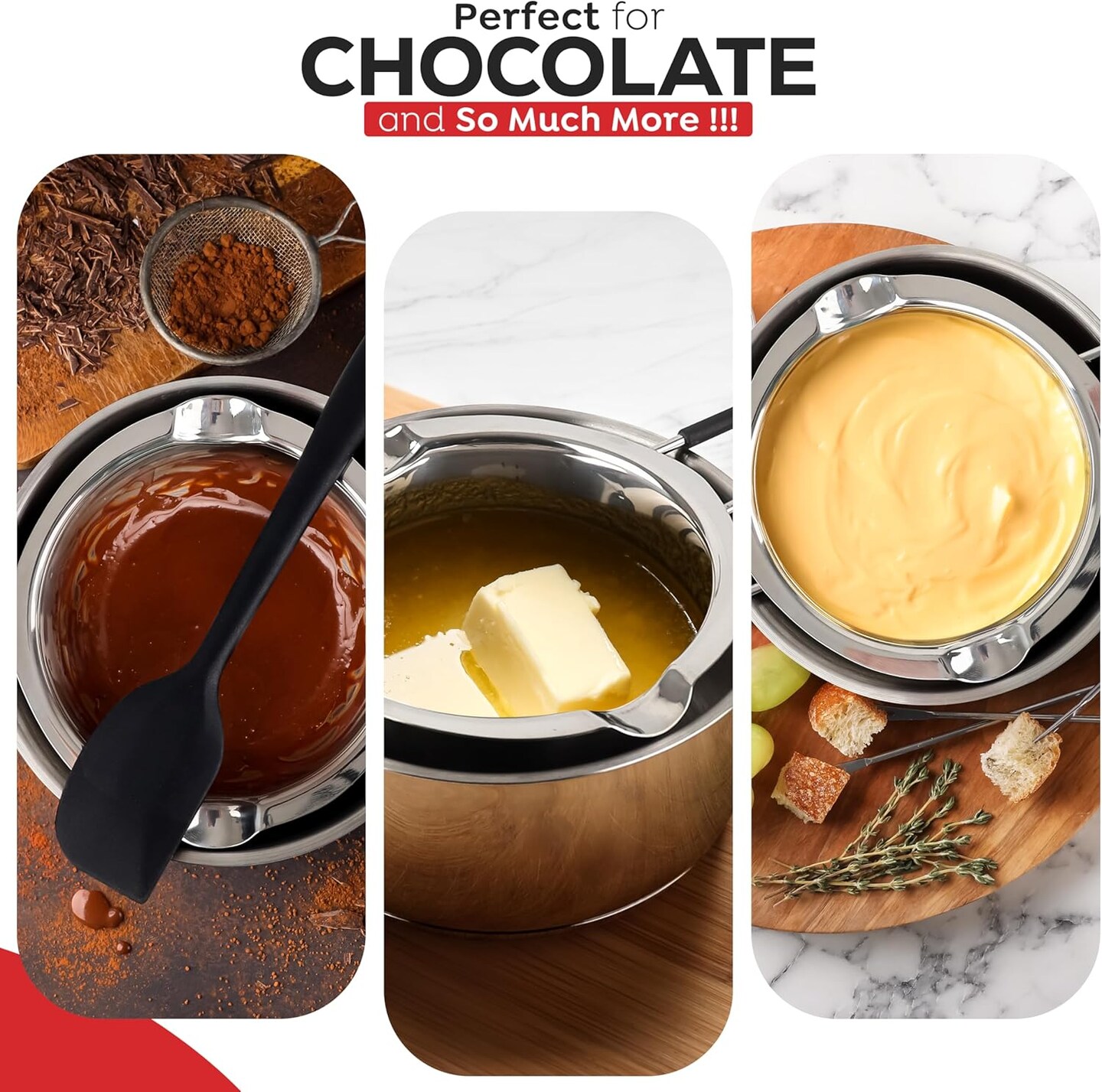 Double Boiler 18/8 Stainless Steel Double Boiler Pot with Stainless Steel Pot and Silicone Spatula, Double Boiler Set for Melting Chocolate, Candy, Soap, Wax, Candle Making (1 Quart)