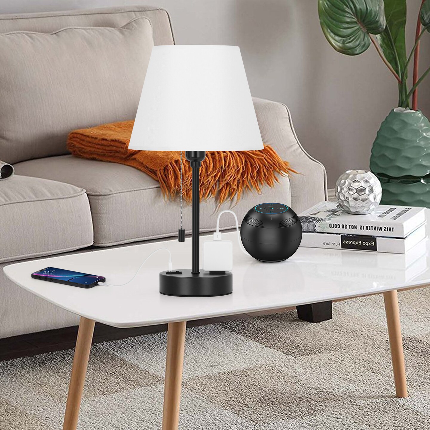 Set of 2 Modern Bedside Table Lamps &#x2013; Dual USB Charging Ports &#x26; AC Outlet, Sleek Fabric Shade &#x26; Metal Base &#x2013; Nightstand Lamps for Bedroom, Office, or Dorm