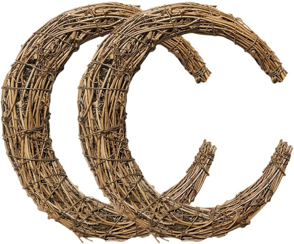 2pcs Moon Shape Wreath frame for DIY Crafts, Grapevine Wreaths Rattan Ring Vine Branch Wreath for Home Holiday Wedding Party, 9.8 Inch