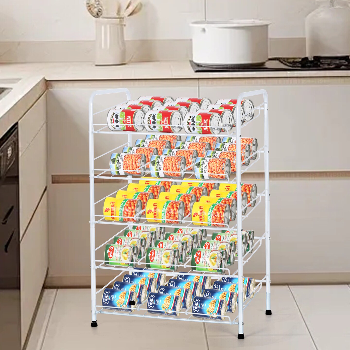 5-Tier Heavy-Duty Can Rack Organizer – 60-Can Capacity Pantry Storage with 15° Tilt Design, Adjustable Dividers (16.9x12.5x25.6")