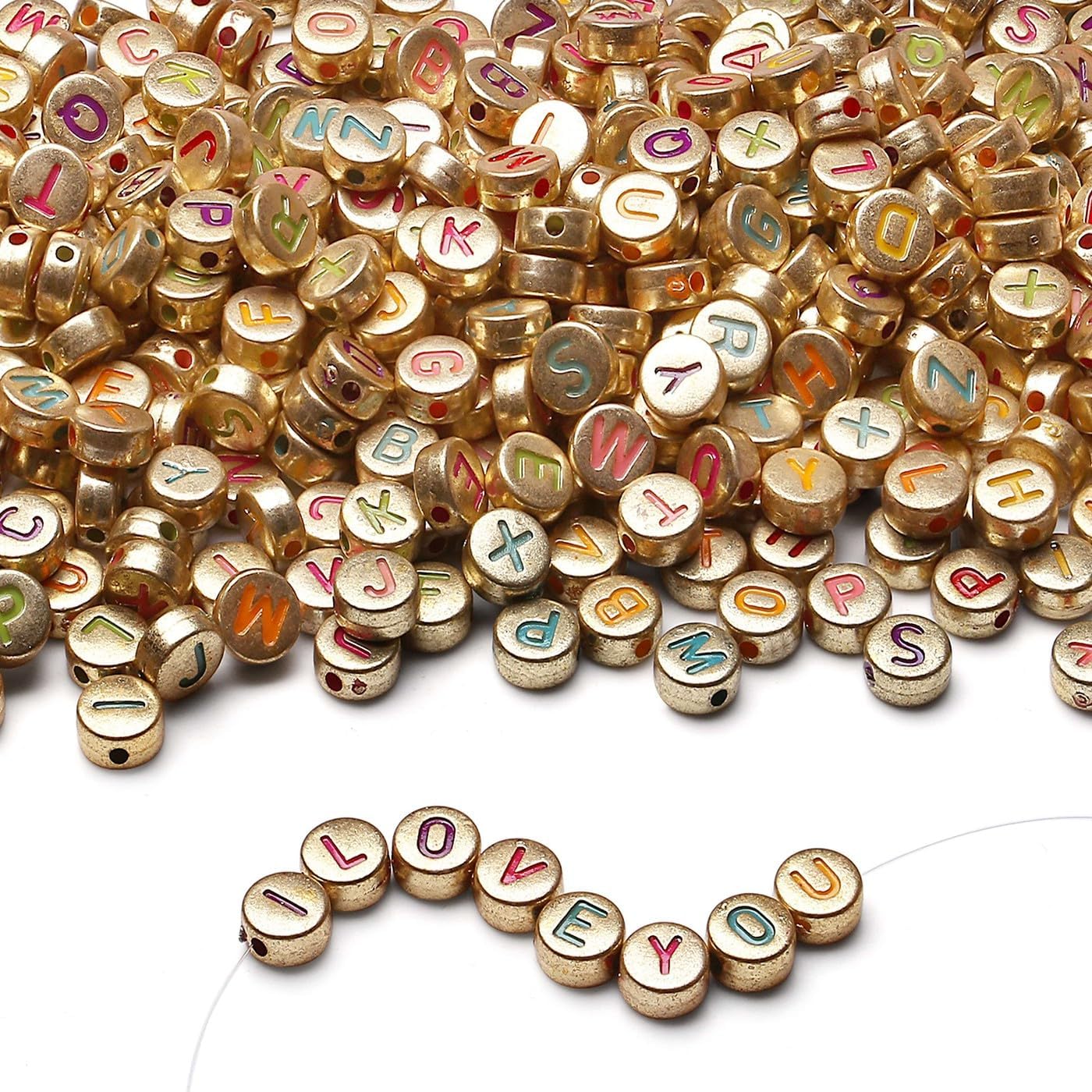 1500PCS Acrylic Letter Beads Alphabet Colorful Letters Gold Round Bead 7&#xD7;4mm for Jewelry Bracelets Necklaces Key Chains Making