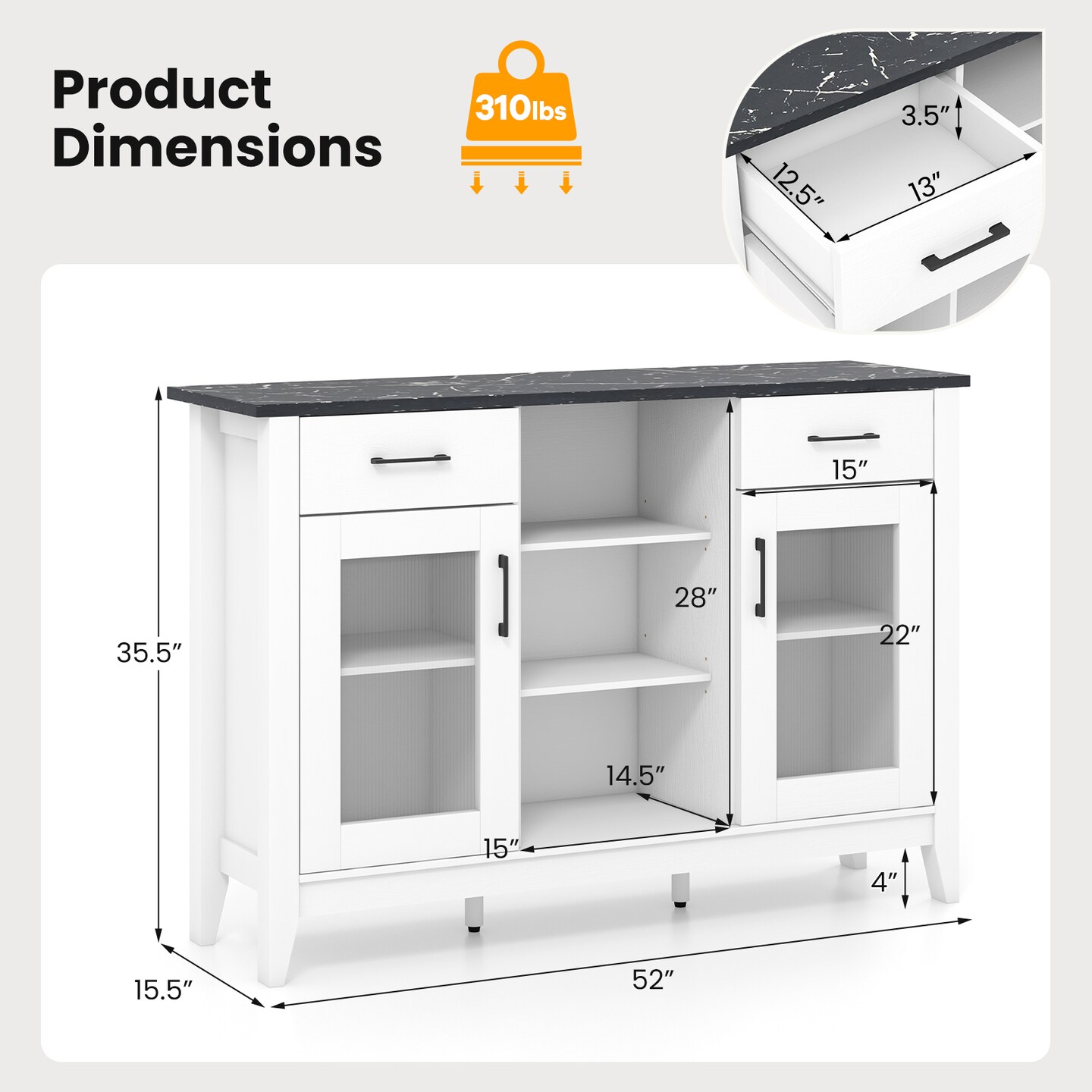 Sideboard Buffet Cabinet with 3 Open Cubes and 4 Adjustable Shelves Ideal for Home Appliances or Decorations