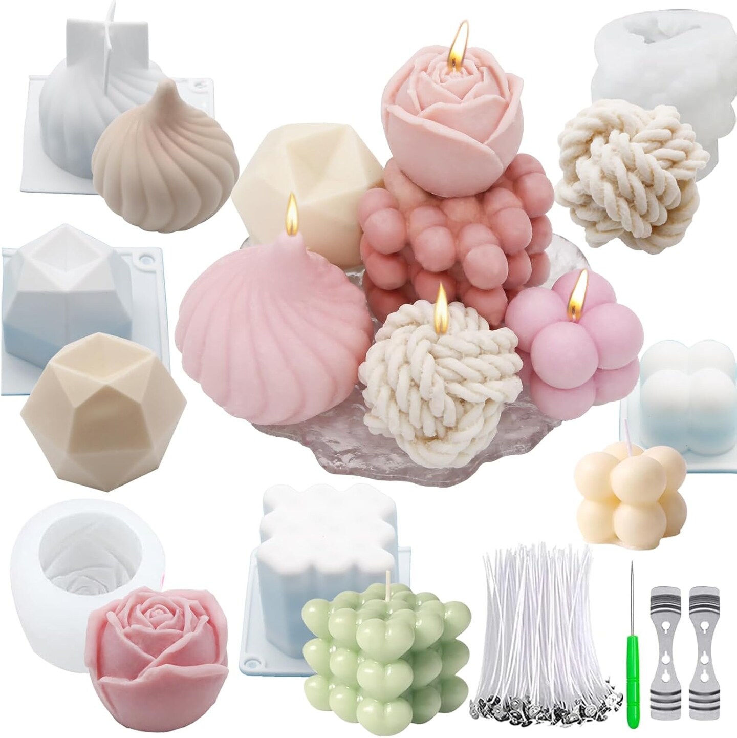 Silicone Candle Molds Set for Candle Making with Candle Wicks, 3D Silicone Mold for Soy Wax, Soap, Cake, Dessert DIY Scented Candle Craft Making