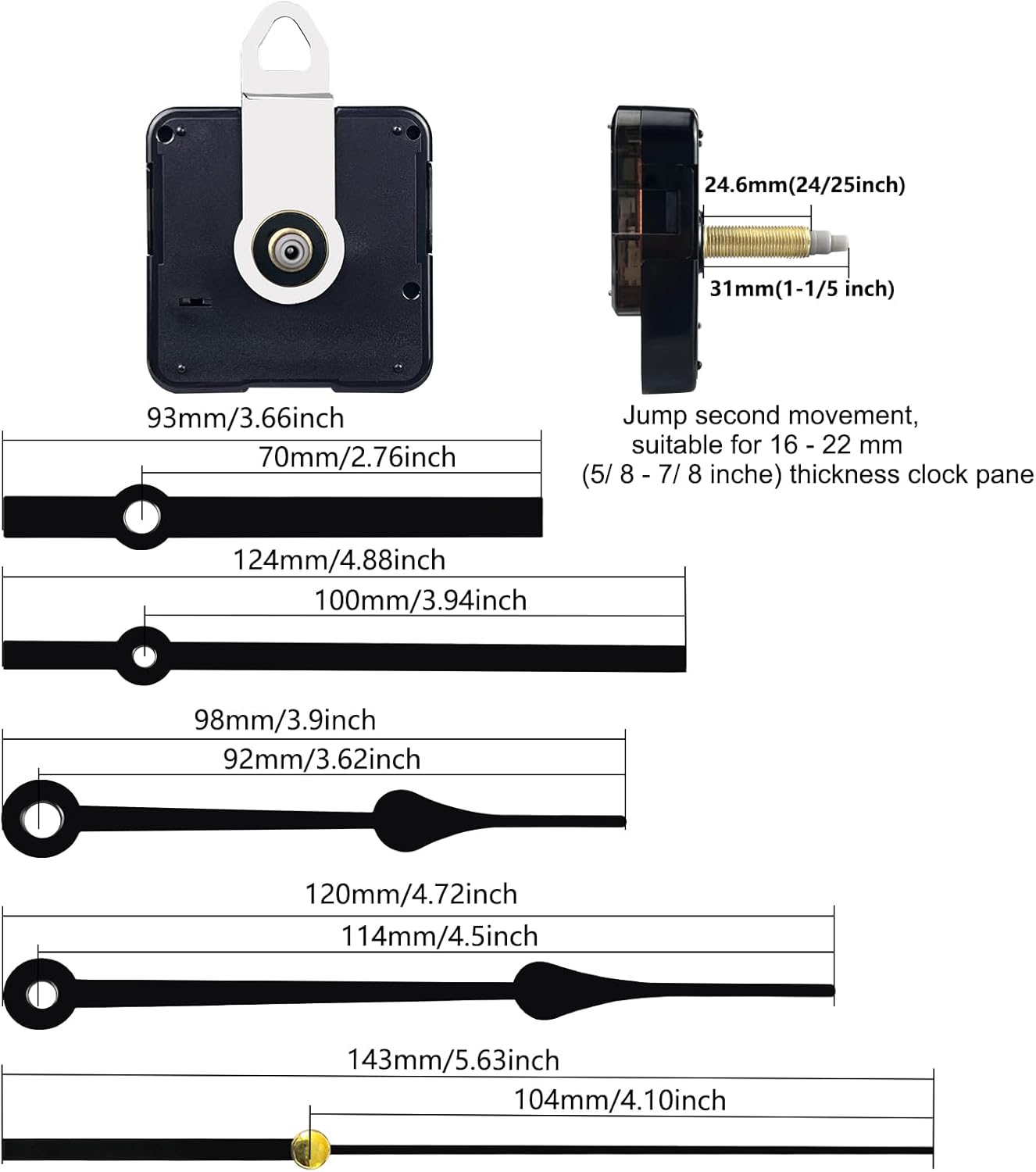 31mm Quartz Long Shaft Clock Movement – 1-1/5" Shaft, 2 Pairs Hands, DIY Repair Kit.