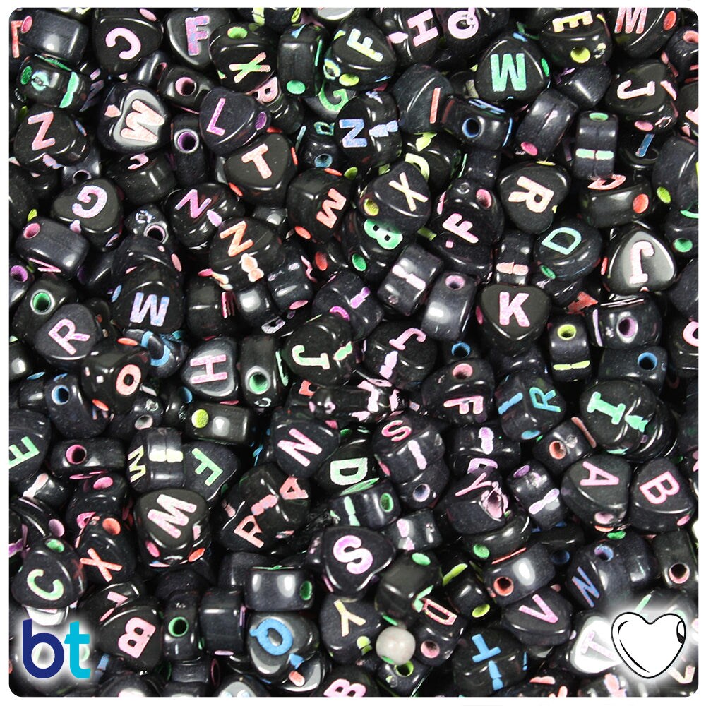 BeadTin Black Opaque 7mm Heart Plastic Alpha Beads - Colored Letter Mix (250pcs)