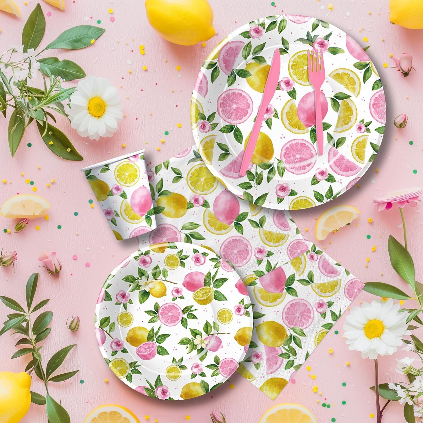 Summer Lemon Party Decorations Tableware, Party Supplies, Plate, Napkin, Cup, Cutlery, Summer Pink Lemon