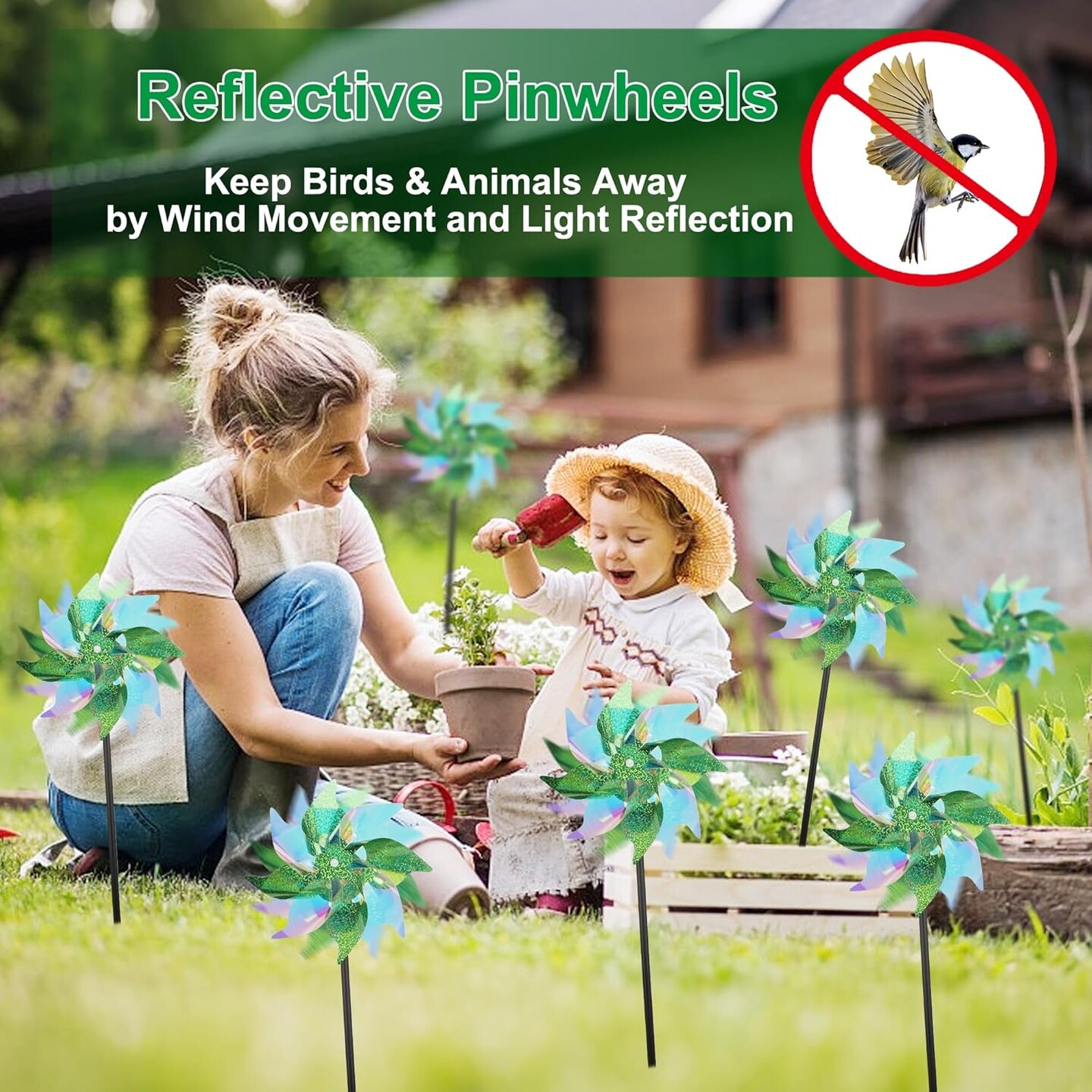12 Pcs Spring Reflective Pinwheels Outdoor, Wind Spinners for Yard &#x26; Garden, Sparkly Bird Repellent Windmill Scare Birds Away, Deterrent Devices for Outside Patio Lawn Spring Decor (Green)
