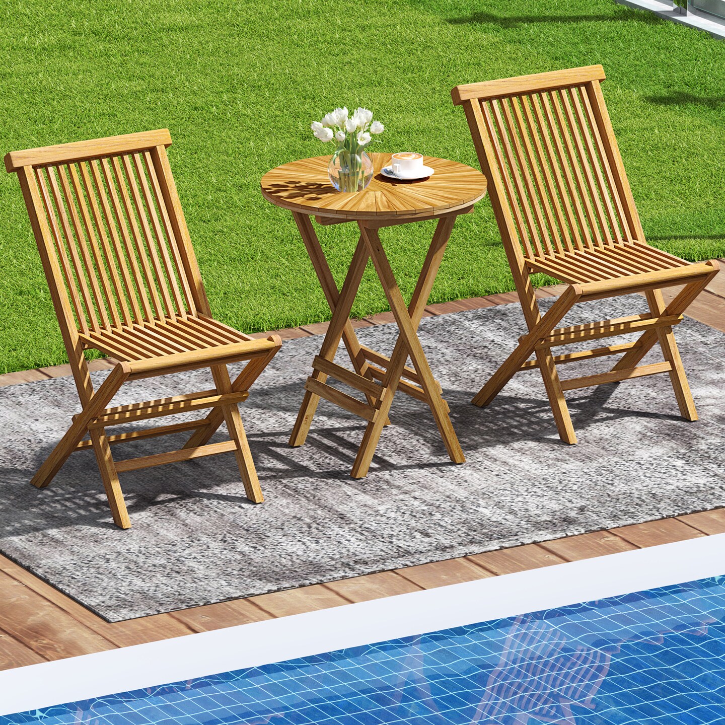 Natural Teak Wood Folding Side Table with Slatted Top and Sturdy Design