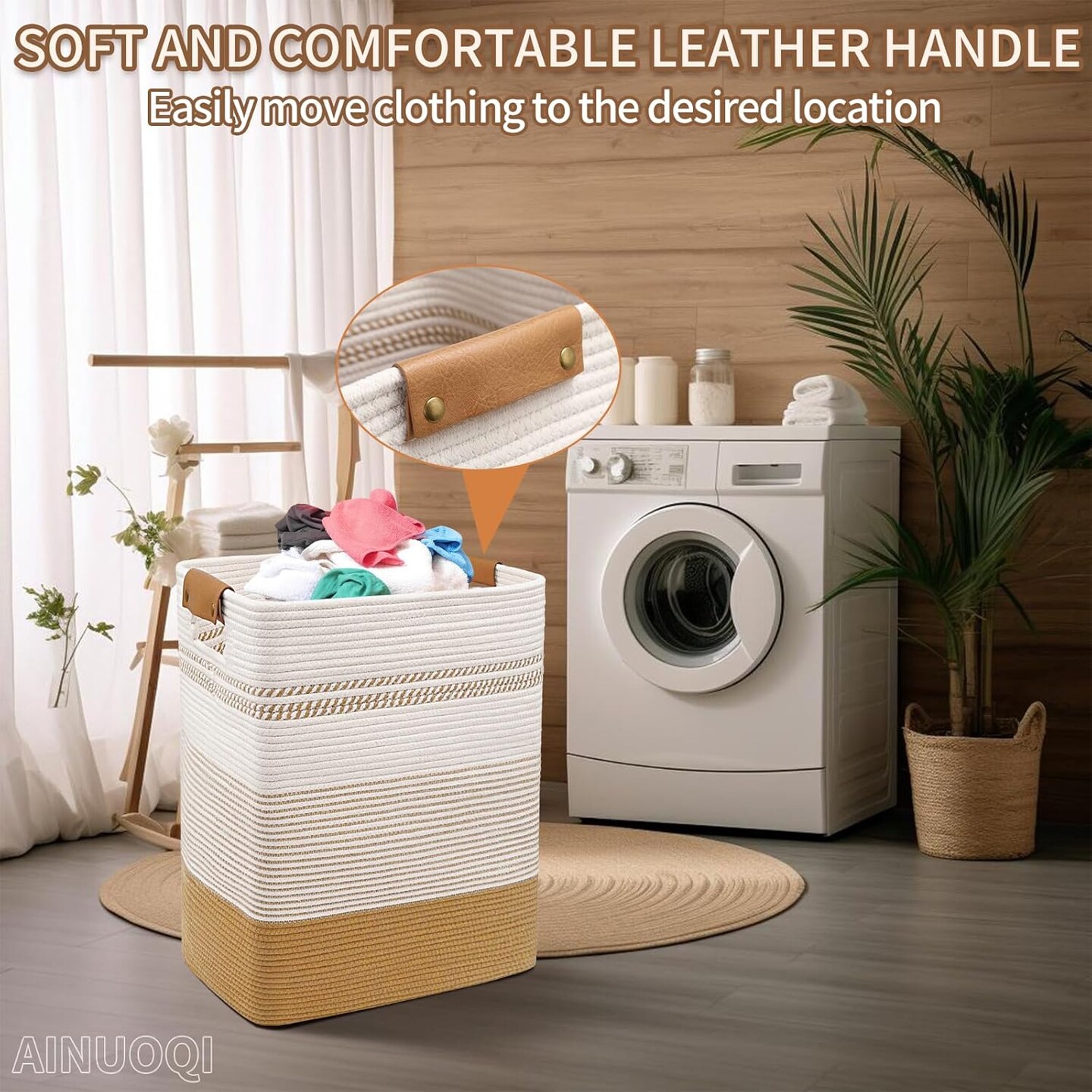 Laundry Hamper - 85L Large Laundry Basket with Leather Handles, Decorative Storage Basket for Blankets - Cotton Rope Woven Baskets for Storage, Clothes Hamper for Living Room, Jute &#x26; White