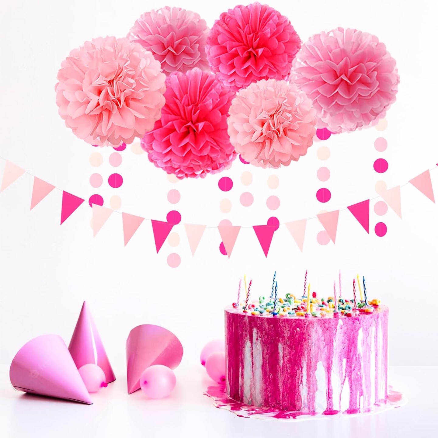 Rose Hot Pink Party Decorations - 23pcs Girl Birthday Baby Shower Tissue Pom Poms Streamers, Bachelorette Bridal Wedding Engagement Supplies Tassel Garland Banner, Favors Decor