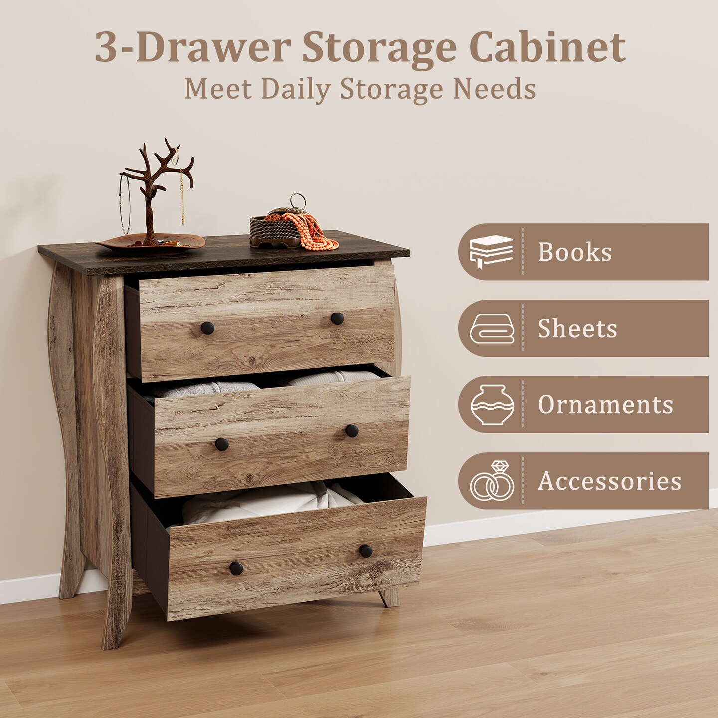 Brown Wooden Dresser with 3 Folding Fabric Drawers Perfect Fit to Any Small Space