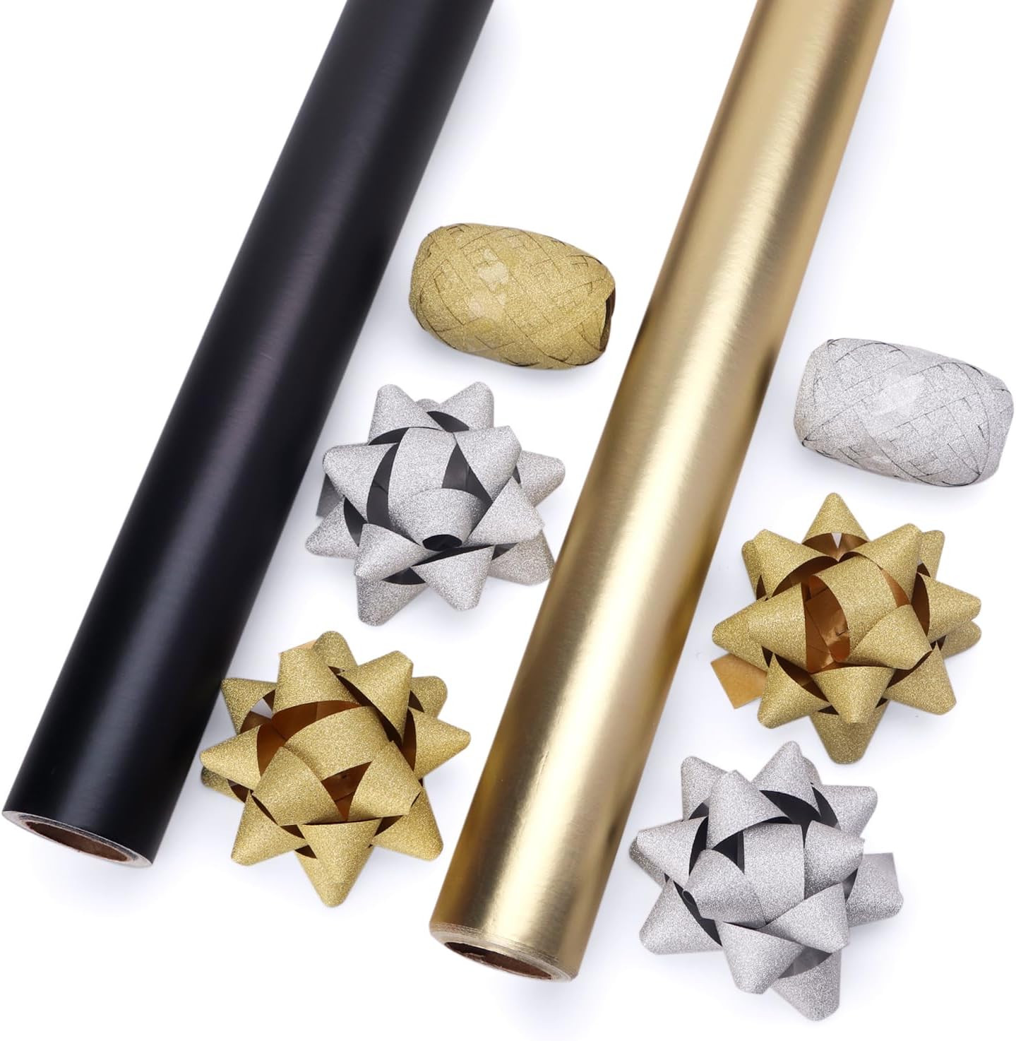 Black & Gold Christmas Wrapping Paper Set – 2 Mini Rolls Metallic Matte Solid Color with Curling Ribbon & Gift Bows, 17” x 16 ft Each (Black/Gold)
