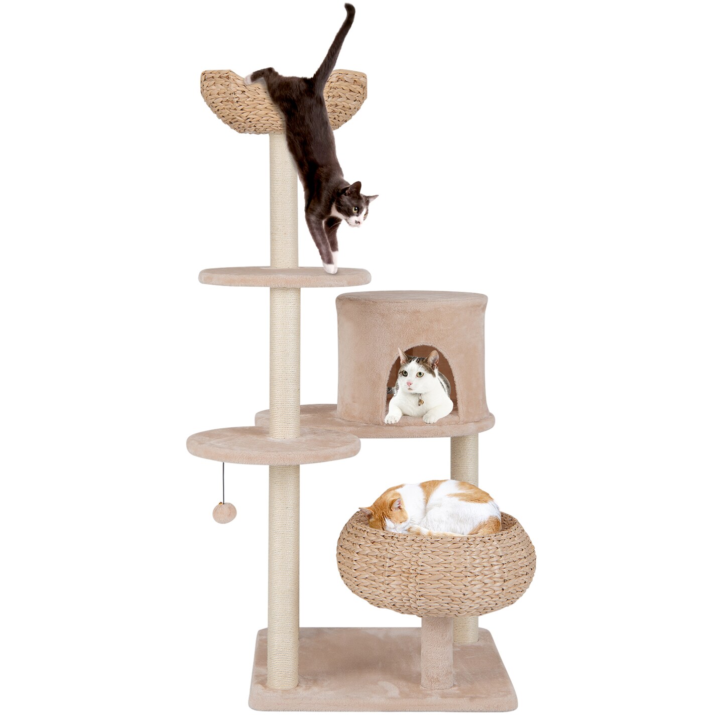 Beige Cattail Cat Tower with 7 Full-Wrapped Scratching Posts and Soft Padded Cushions