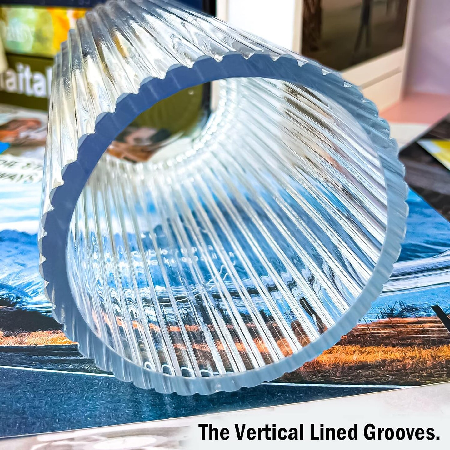 9.8&#x22; Flower Vase for Decor Ribbed Glass Vase Modern for Centerpieces Desktop Home Office Dining Living Room Wedding (Clear)