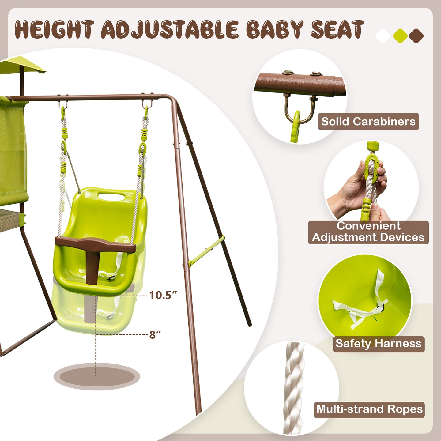 Green 4-in-1 Kids Swing Set with Slide, Adjustable Seat, Playhouse and Canopy