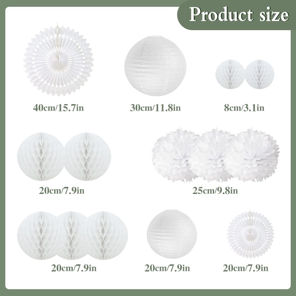 14 PCS White Honeycomb Decorations Paper Lanterns Party Decoration Kit Hanging Tissue Pom Poms Flowers White Paper Fans for Wedding Engagement Birthday Baby Bridal Shower Party Decoration Easy Joy