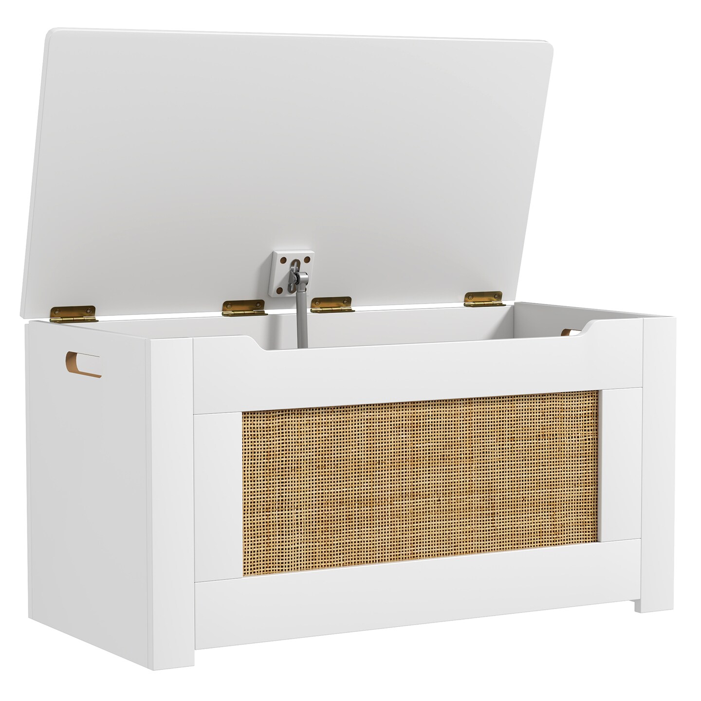 White-Natural MDF Rattan Toy Box with Flip Lid, Storage, and Bench Seat