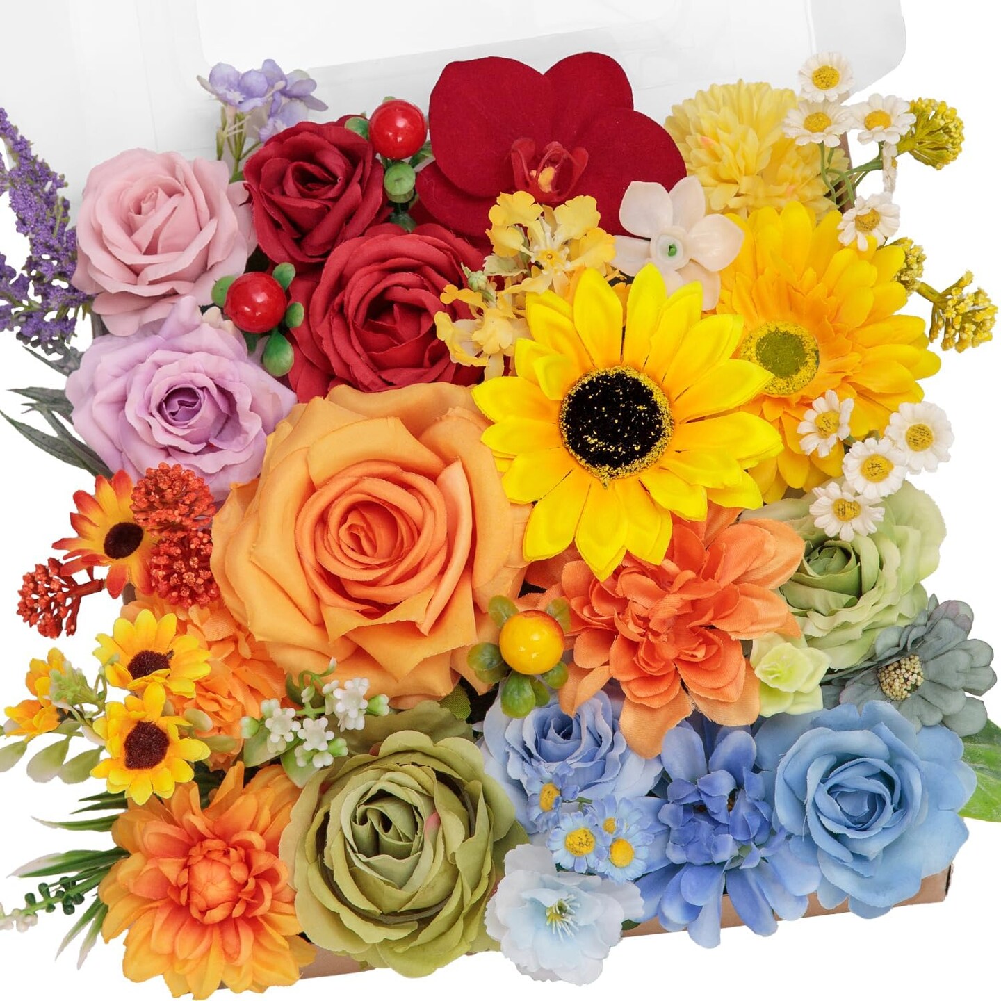 Rainbow Colorful Artificial Flowers Combo Box Set, Fake Roses Silk Sunflower with Stems for DIY Bridal Wedding Bouquets Baby Shower Floral Arrangements Centerpiece Party Home Decorations