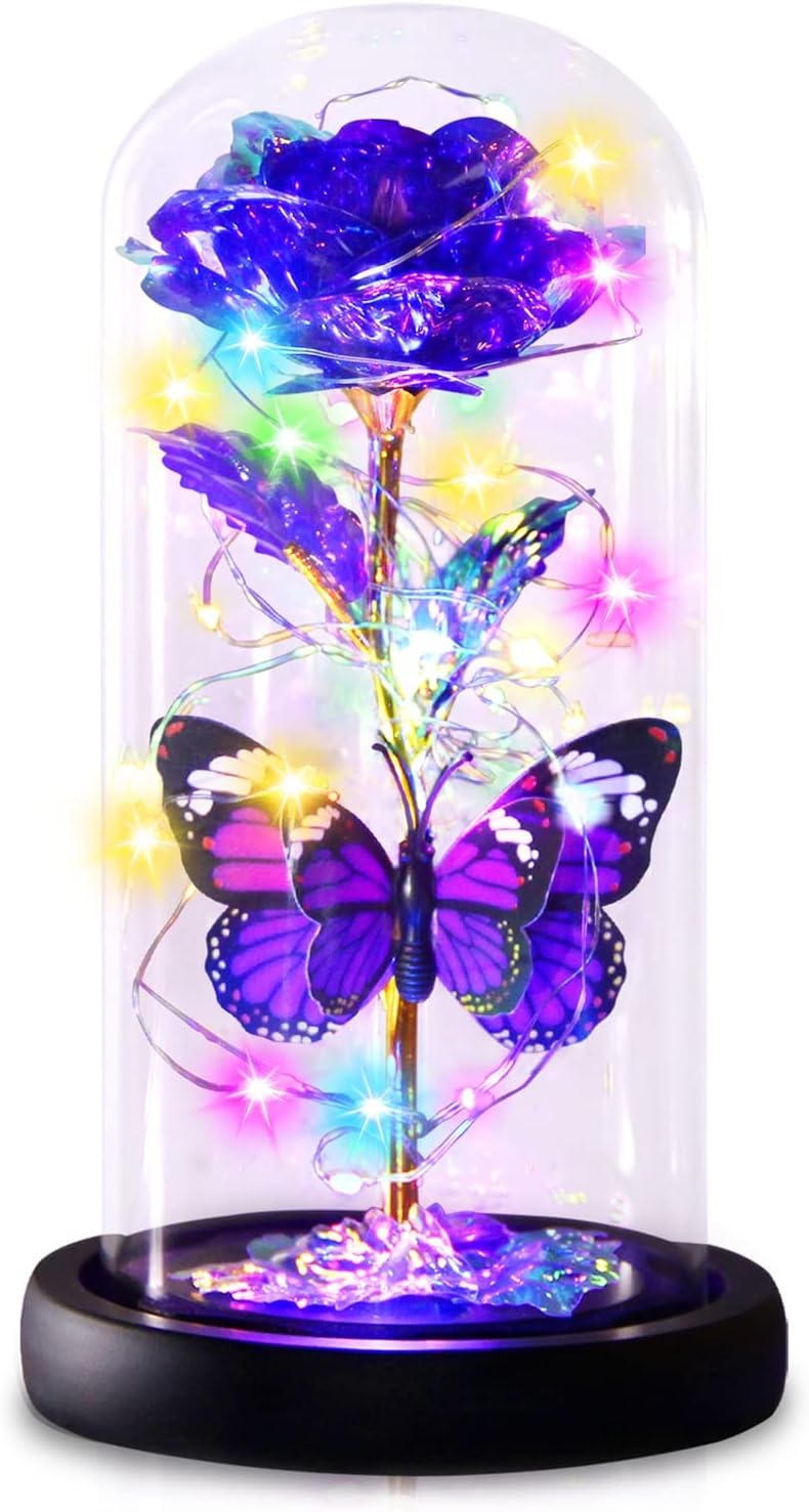 Purple Butterfly Rose Flower Birthday Gifts - Women Gifts for Her Mothers Day Valentines Anniversary Christmas Thanksgiving - Light Up Rose Flower Gifts for Mom Wife Grandma Girlfriend Daughter Sister