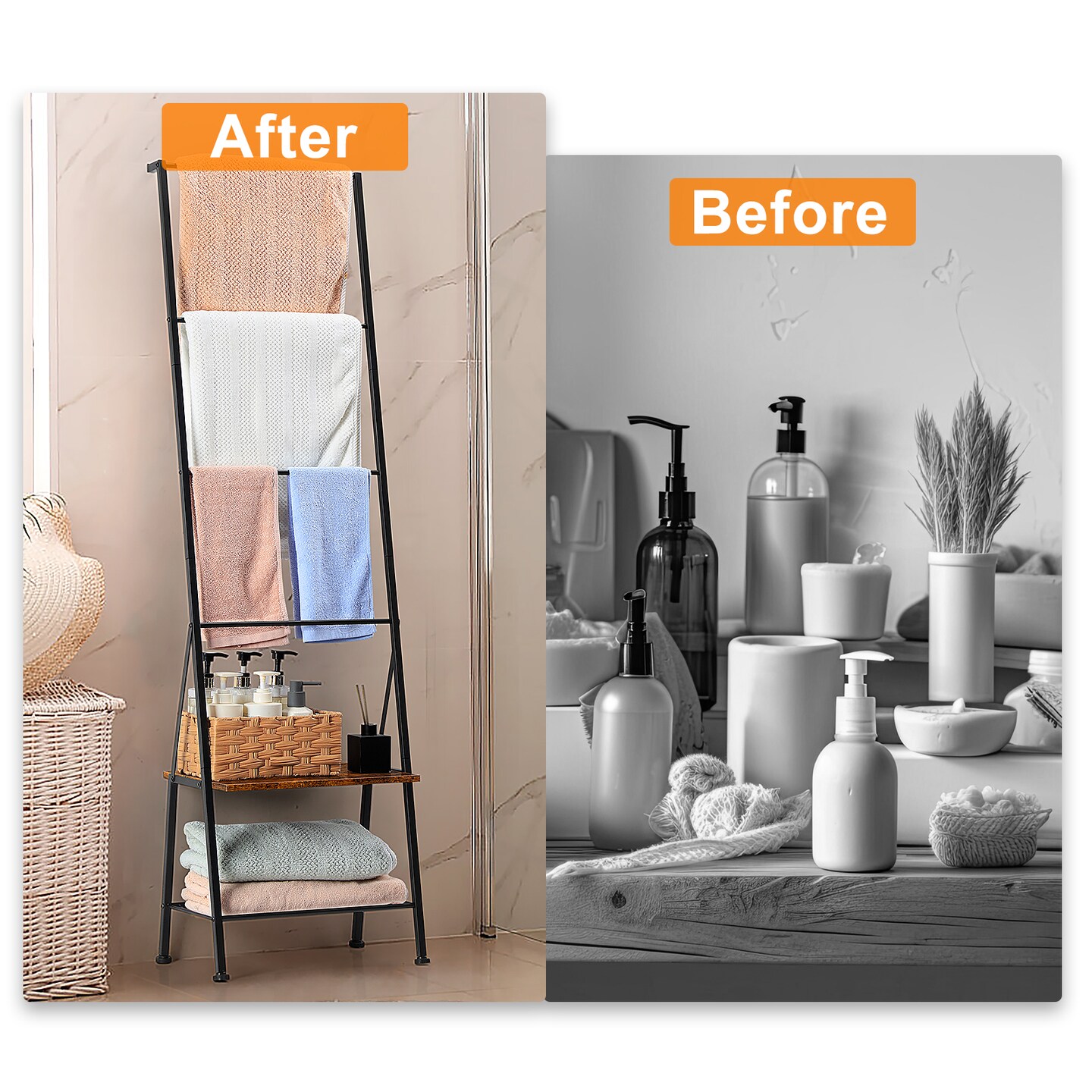 Metal Blanket Ladder with Shelf & Hooks - Multi-Use Christmas Stocking Holder, Towel Rack, and Storage Ladder for Bathroom, Bedroom, Mantle, Laundry Room