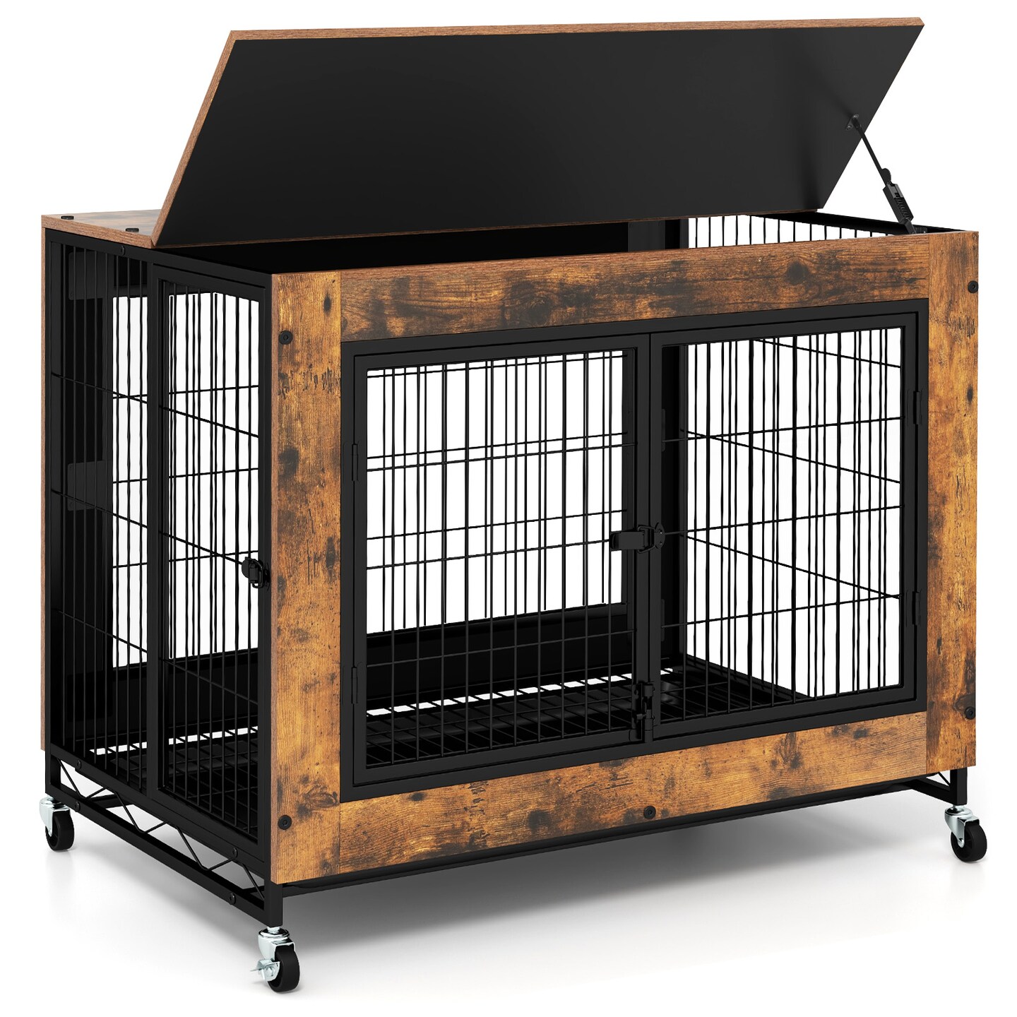 Rustic Brown Flip-up Top Dog Kennel with Removable Tray and 3 Lockable Doors