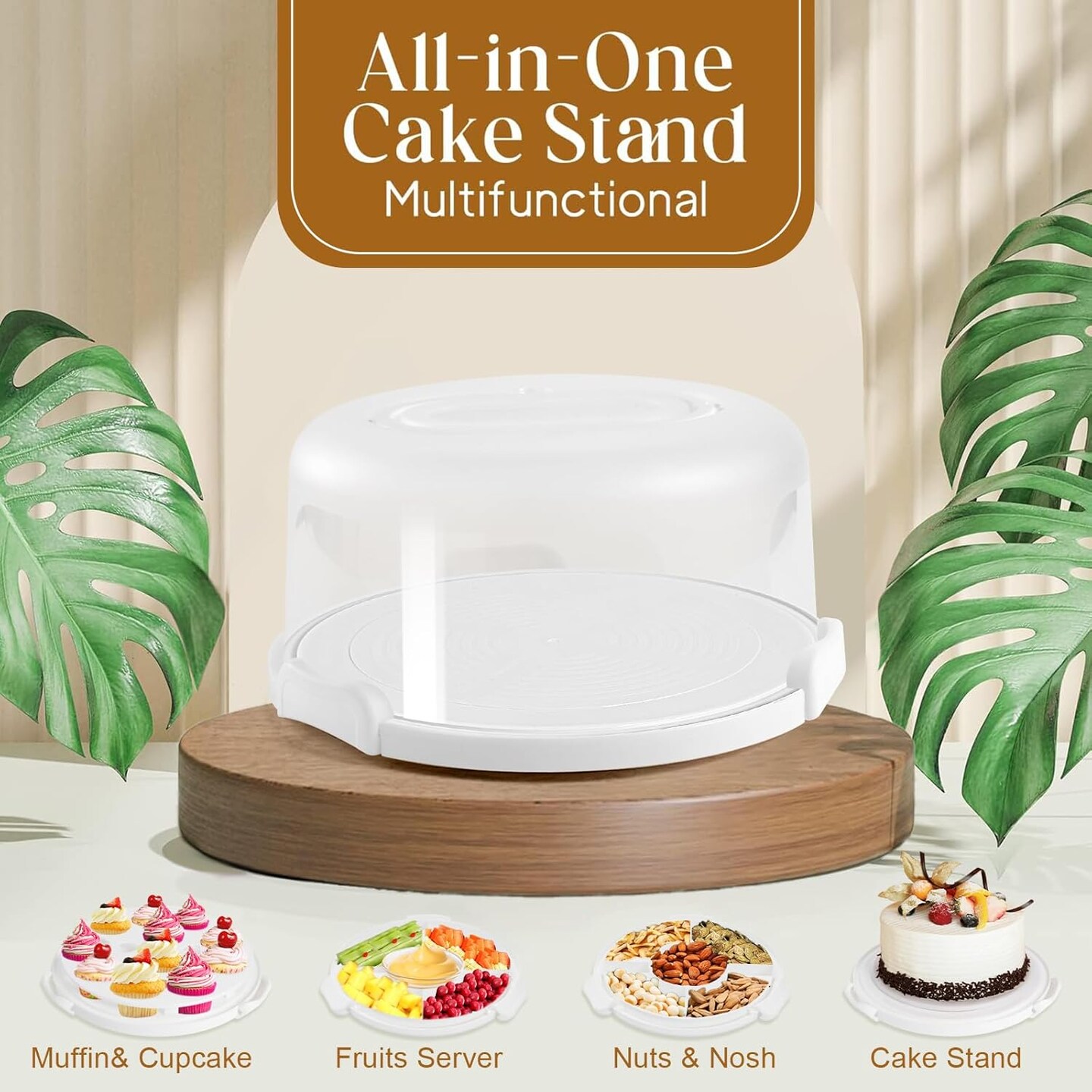 Cake Carrier with Lid and Handle, Multipurpose Cake Stand Fits 10 inch Cake, Cupcake Containers for 11 Cupcakes&#xFF0C;Cake Holder Serves as Five Section Serving Tray, Portable Cake Carriers, White