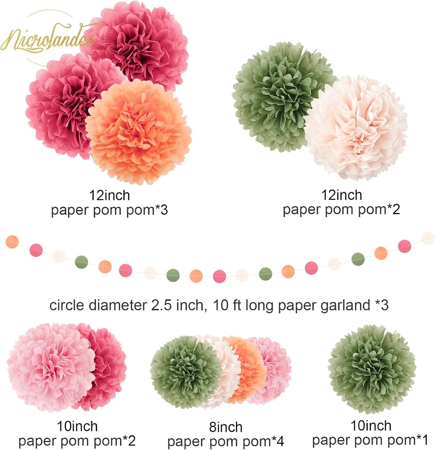 Wedding Party Decorations - 15Pcs Pink, Sage Green, Ivory Tissue Paper Pom Pom for Birthday Pastel Decorations, Engagement Baby/Bridal Shower Anniversary Valentine Dot Paper Backdrop Decor