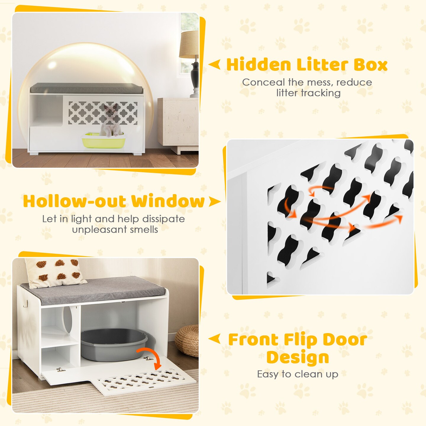 White 4-in-1 Cat Litter Box Enclosure with Removable Cushion and Front Flip Door