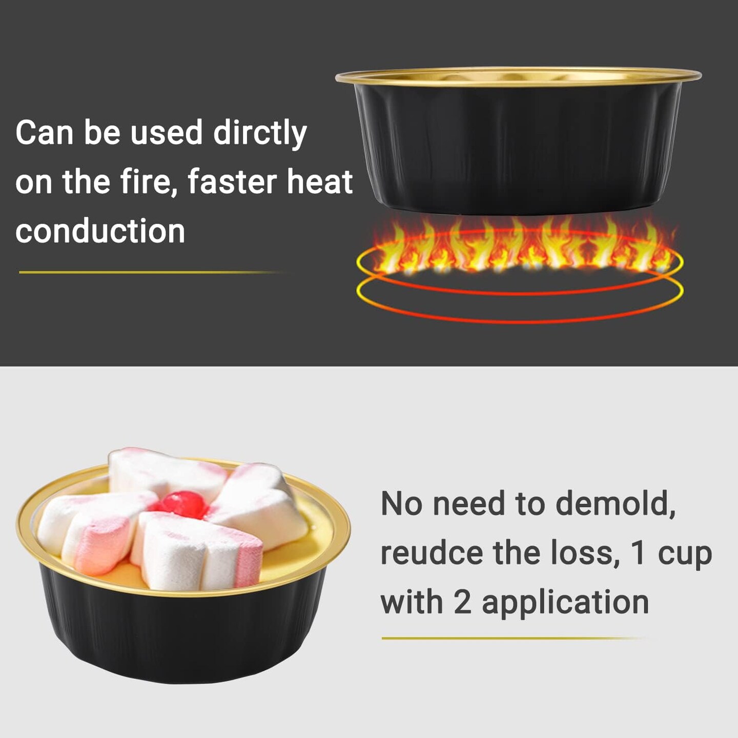 Disposable Ramekins with Lids, 8 oz 50 Pack Black Gold Aluminum Foil Cups, Disposable Creme Brulee Muffin Cupcake Baking Cup Mini Pudding Cups for Party Wedding Birthday