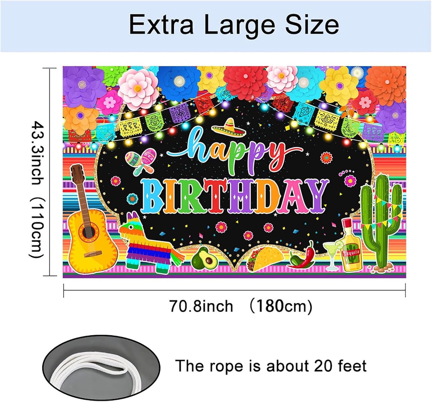 Cinco de Mayo Fiesta Birthday Banner – Mexican Party Backdrop & Photo Booth Decor, 70.8 x 43.3 in, Yellow