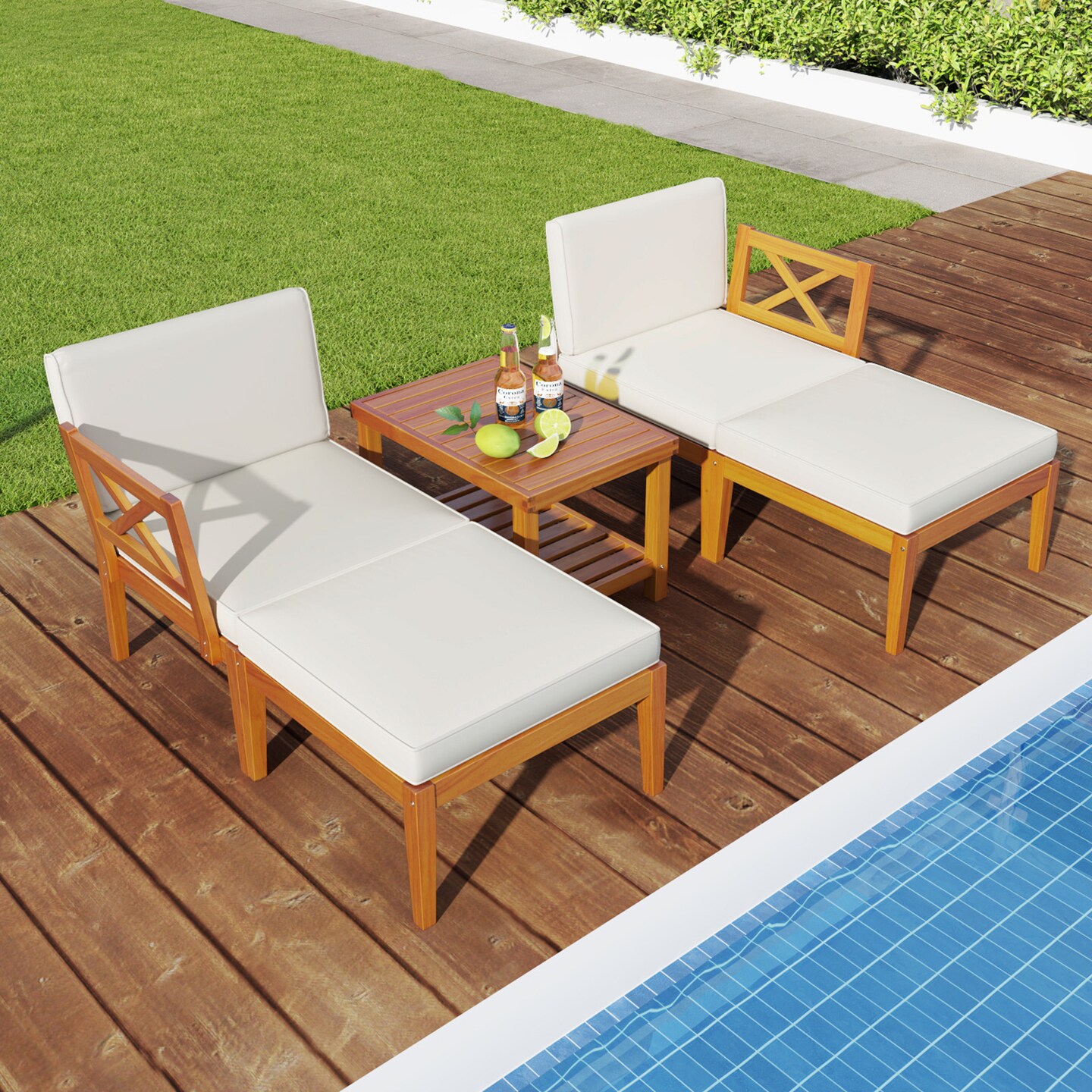 5 Pieces Acacia Wood Patio Chaise Lounge Chair Set with 2-Tier Rectangular Coffee Table