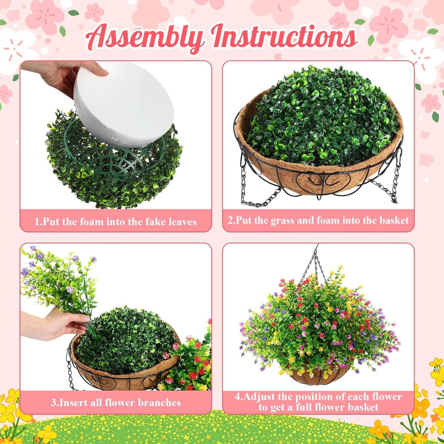 4 Pack Artificial Hanging Flowers with Fake Basket Outdoors Flowers