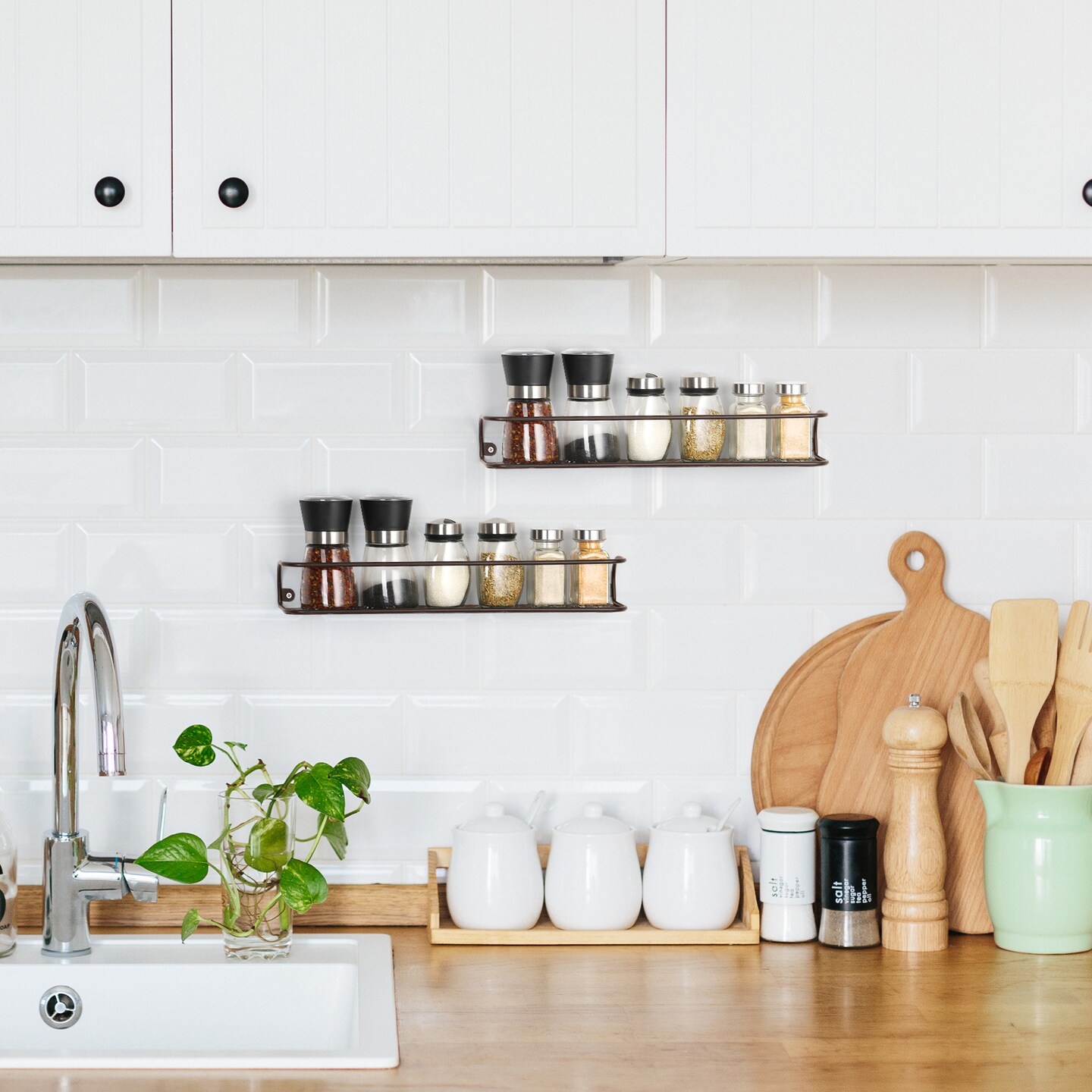 2-Pack Large Wall-Mounted Spice Rack &#x2013; Wide Brown Steel Organizer with Guard Rail for Kitchen, Bathroom, or Countertop Storage