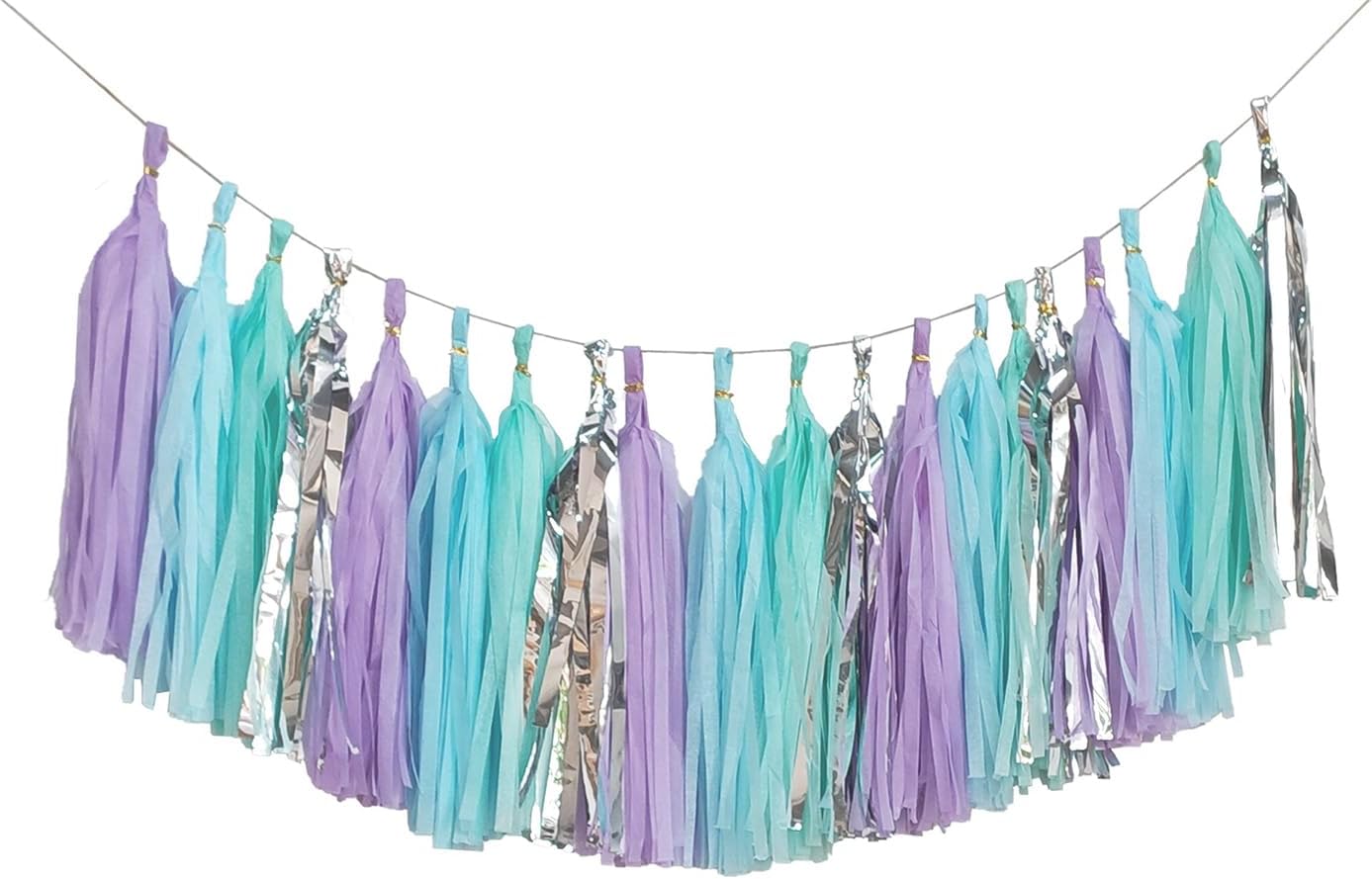 Shiny Tassel Garland Tissue Paper Tassel Banner,Table Decor,DIY Kits for Mermaid Party, Tassels Party Decoration,Pack of 20(Lavender,Light Blue,Mint,Silver)