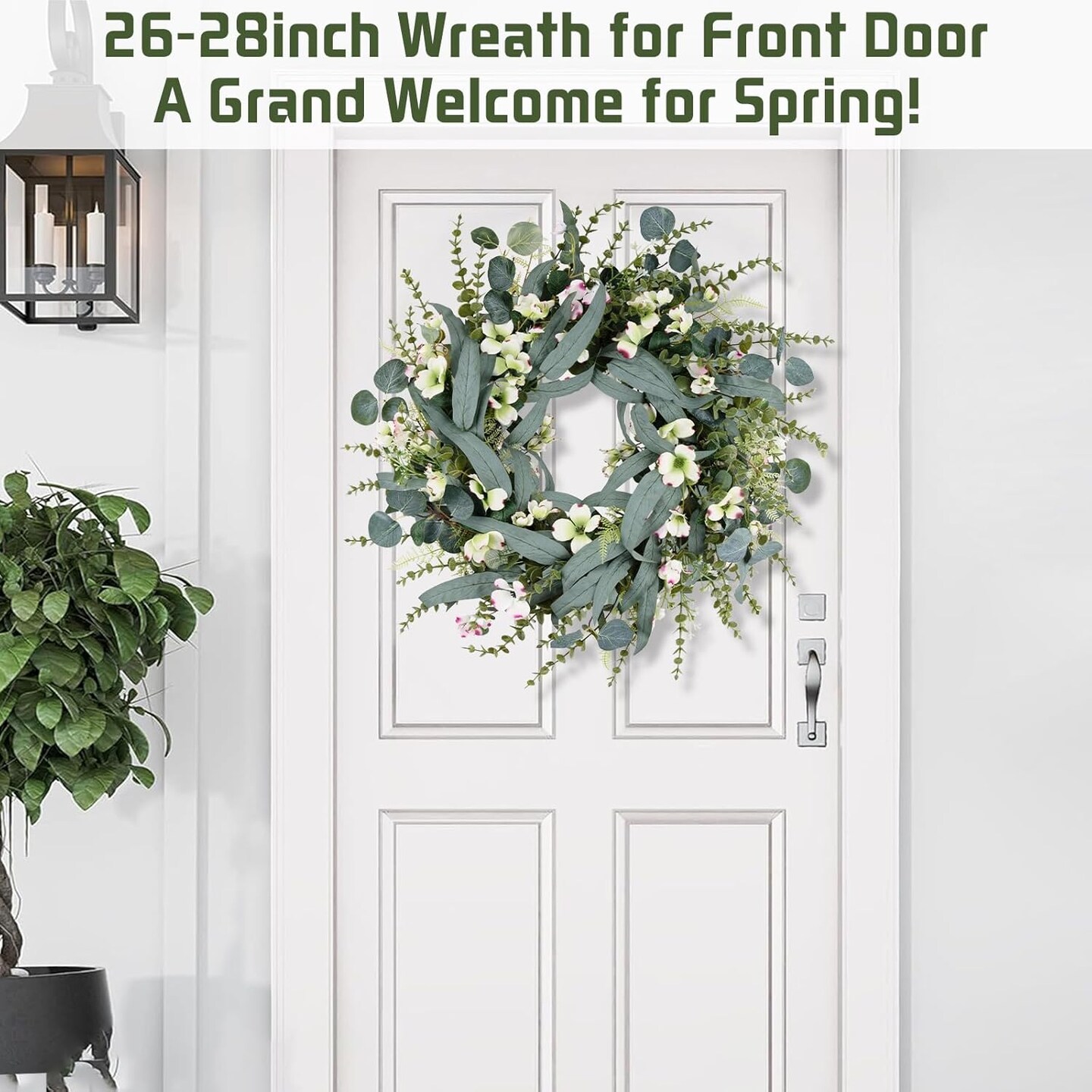 26IN Spring Wreath for Front Door,Large Eucalyptus Artificial Flower Greenery Wreath Indoor Outdoor for Porch Window Wall Farmhouse Home Holiday Hanging Decor Spring