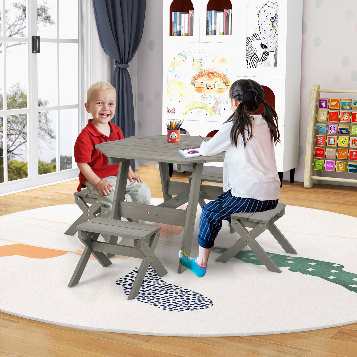 2-in-1 Convertible Kids Wooden Table Set with Umbrella Hole Perfect Gift for Your Kids