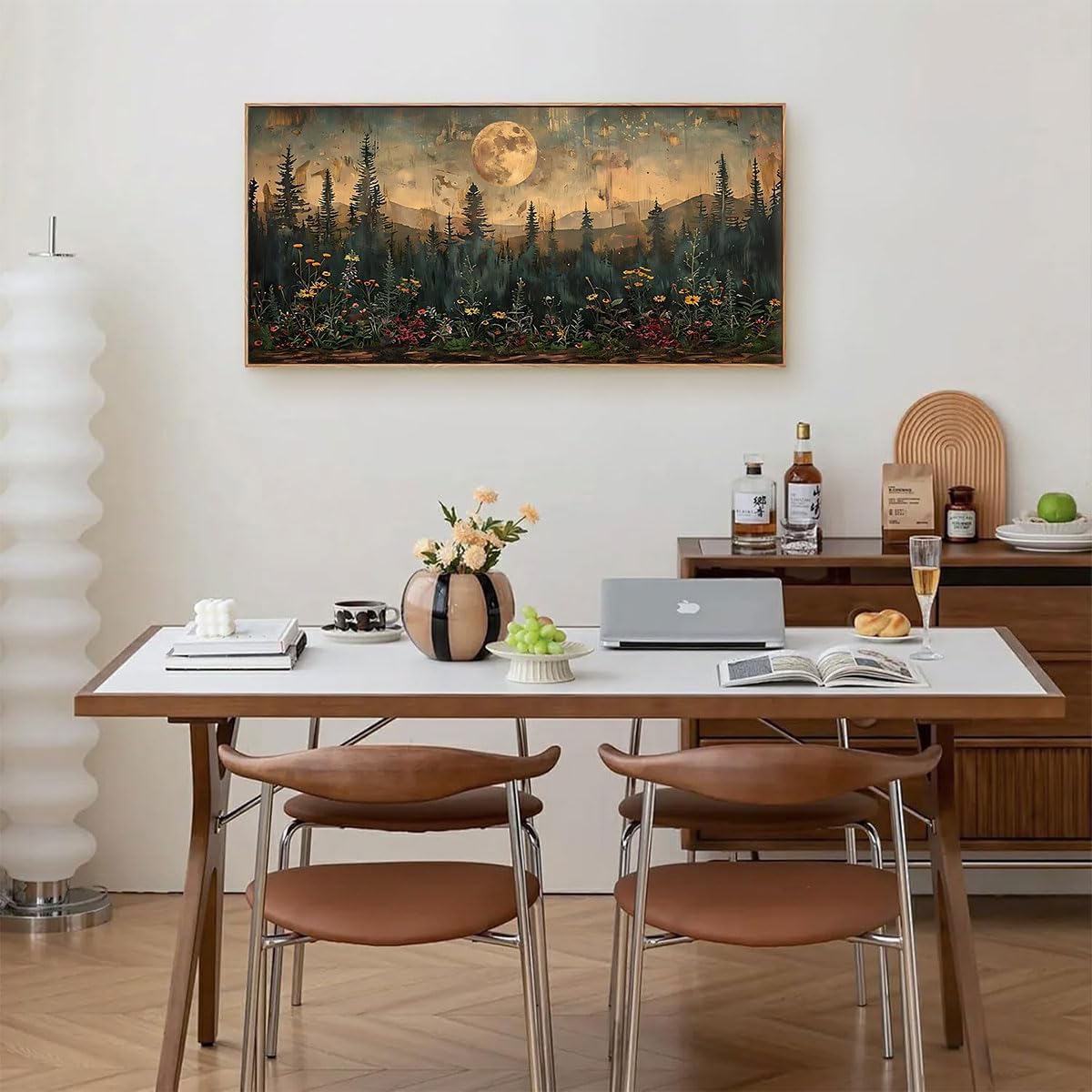 Moon Wall Art Vintage Wildflower Woodland Canvas Painting Print Framed Mountain Flowers Trees Picture Decor Dark Forest Landscape Rustic Farmhouse Living Room Bedroom Office 20&#x22;x40&#x22;