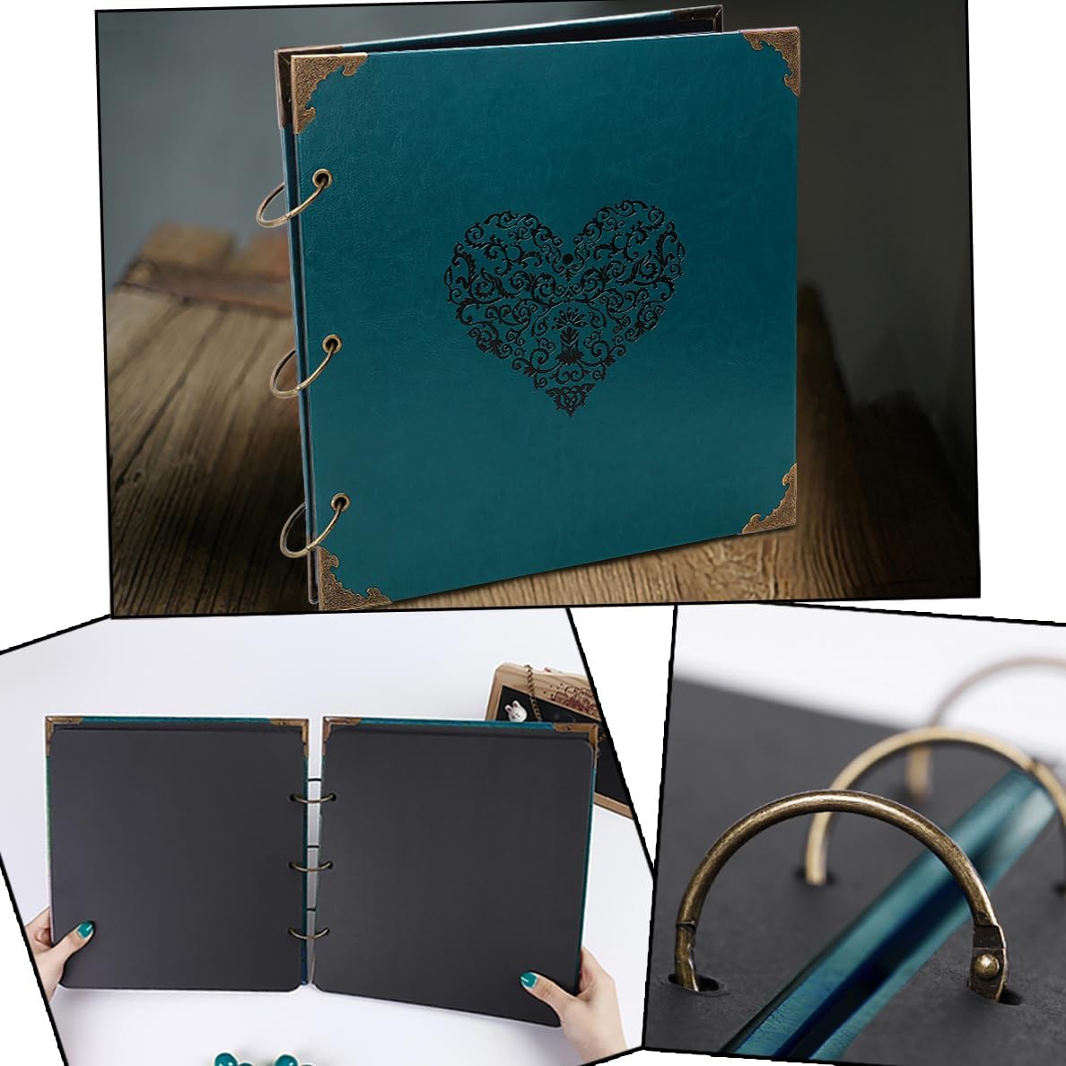 Photo Album DIY Scrapbook - 12x12 inch 50 Pages Vintage Leather Cover Three-Ring Binder Love Picture Booth Albums with 408pcs Self Adhesive Photos Corners for Memory Keep, Heart (Jasper Green)