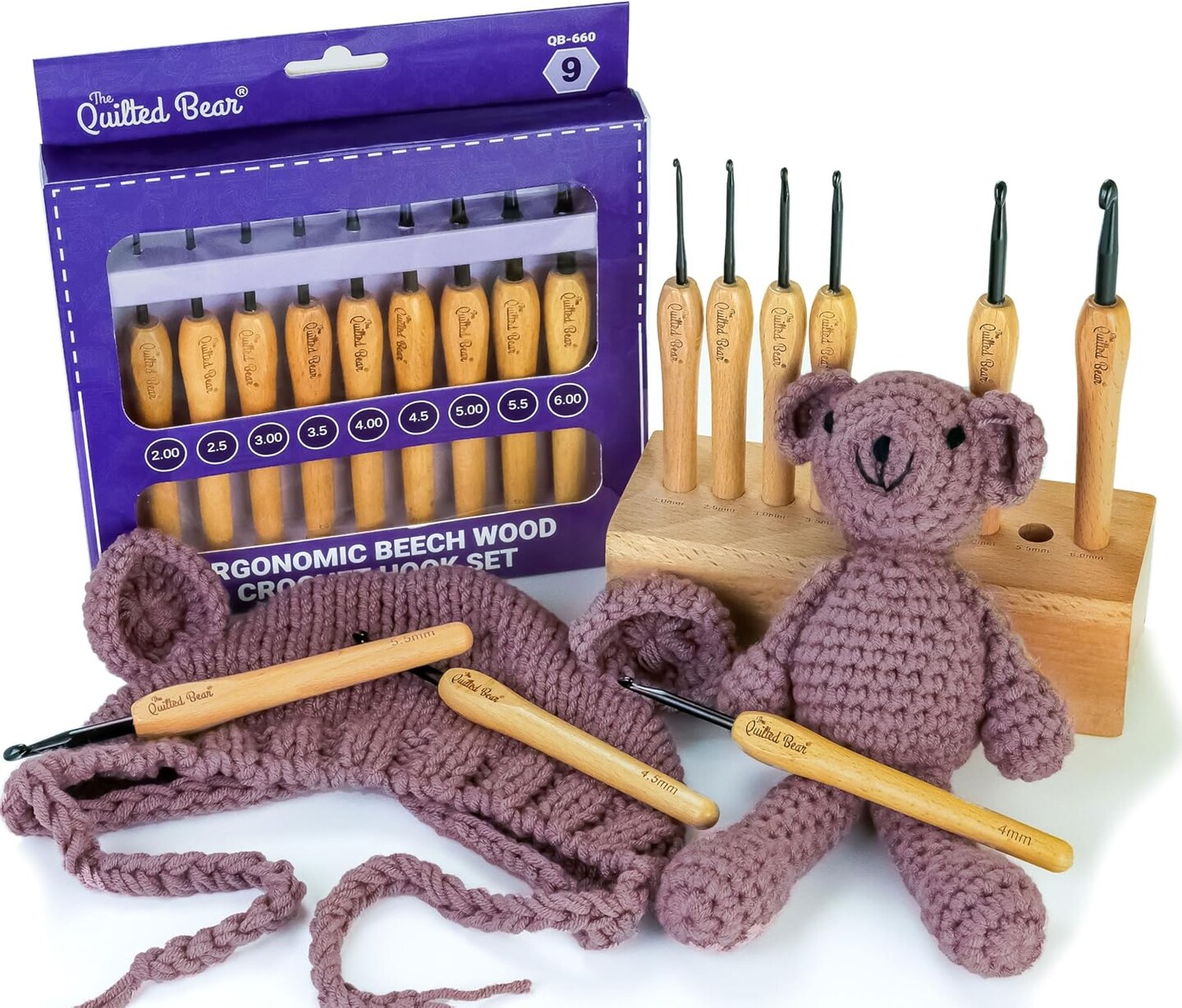 Wooden Crochet Hooks &#x2013; 9 Piece Crochet Hooks Set with Stylish Beech Wood Ergonomic Crochet Hooks Handles &#x26; Steel Hook Heads (2mm - 6mm)