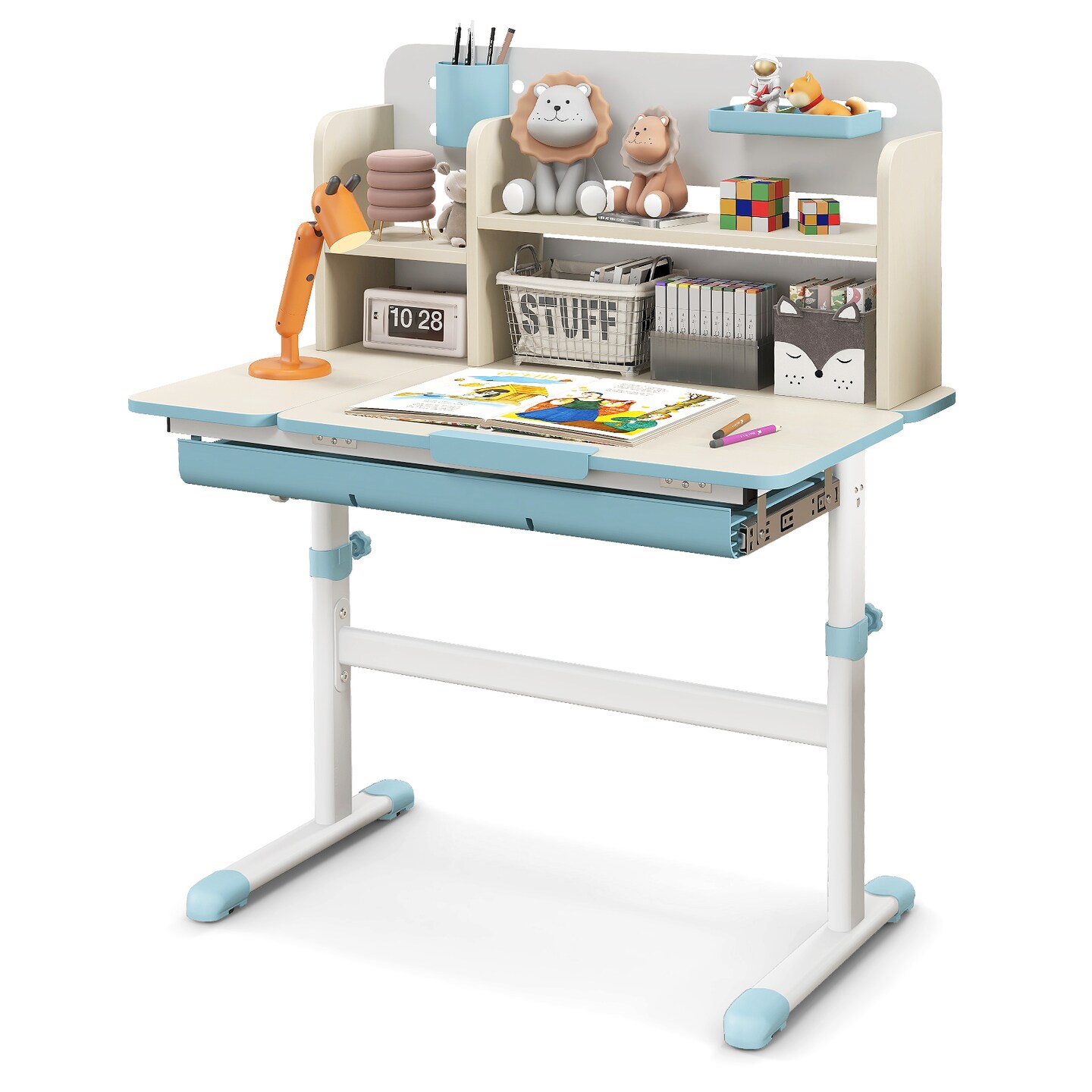 Blue Kids Height Adjustable Study Desk with Multilayer Open Shelves and Tiltable Desktop