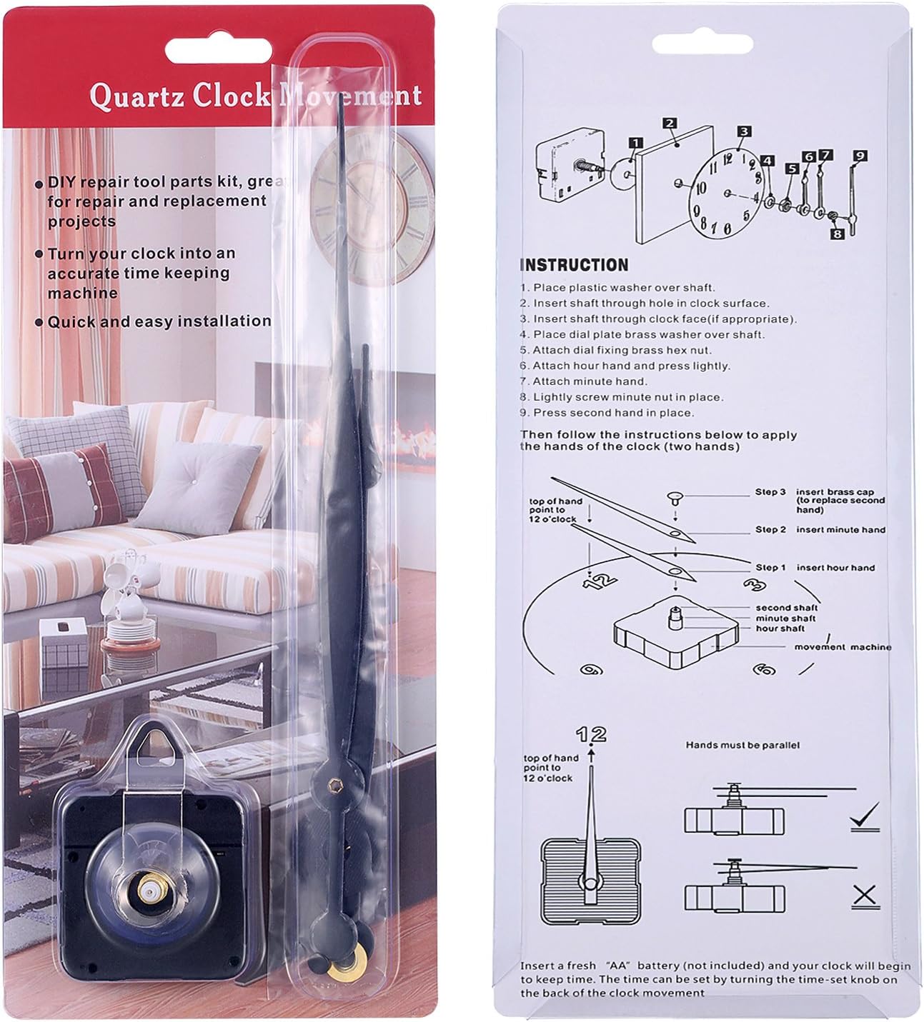 High Couple Quartz Clock Movement Replacement Parts with Long Hands and Spade Hanger 208mm/8.2 Inch