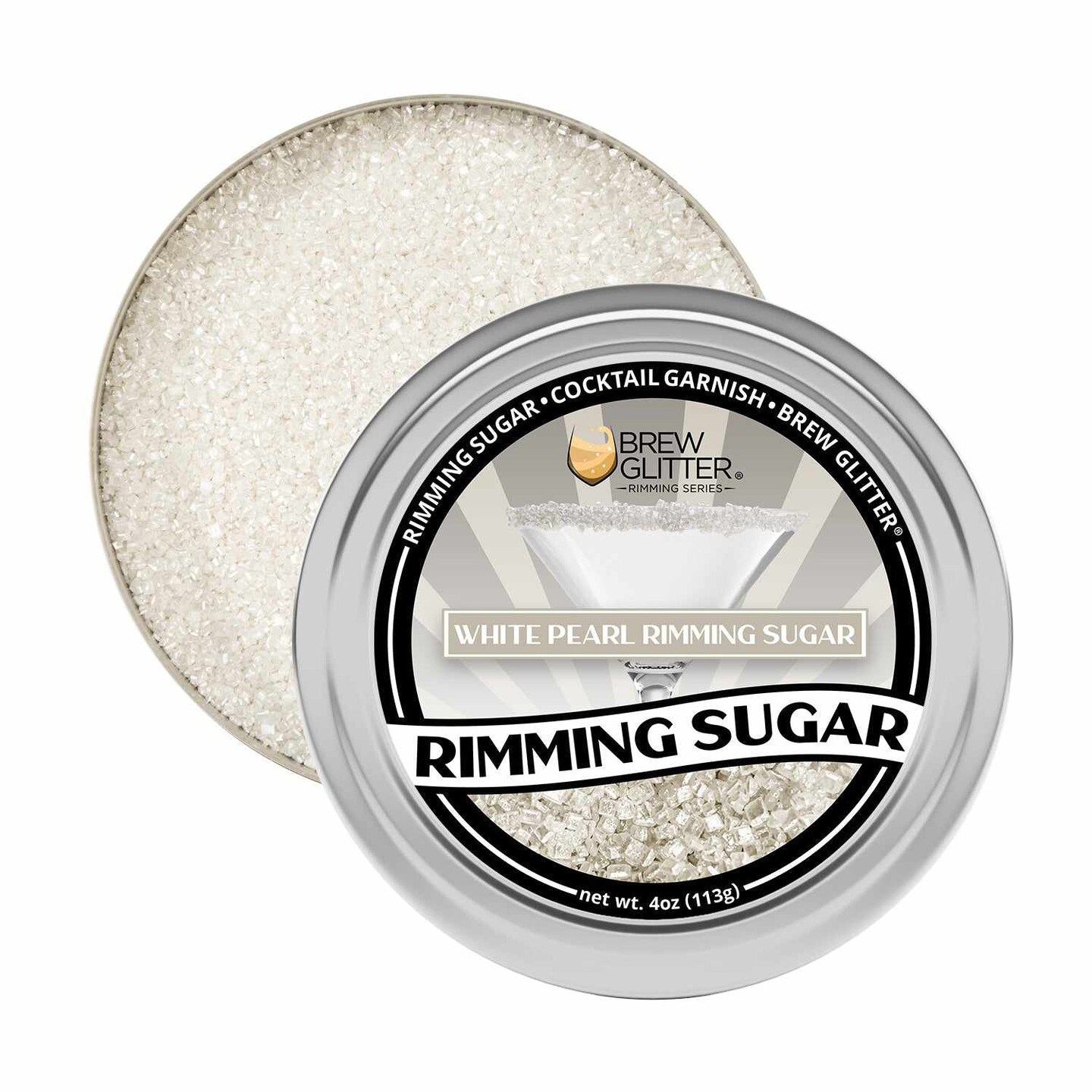 Brew Glitter - White Pearl Rimming Sugar (4oz, 1x Bar Tin) Cocktail Garnish for Mixed Drinks &#x26; Refreshments