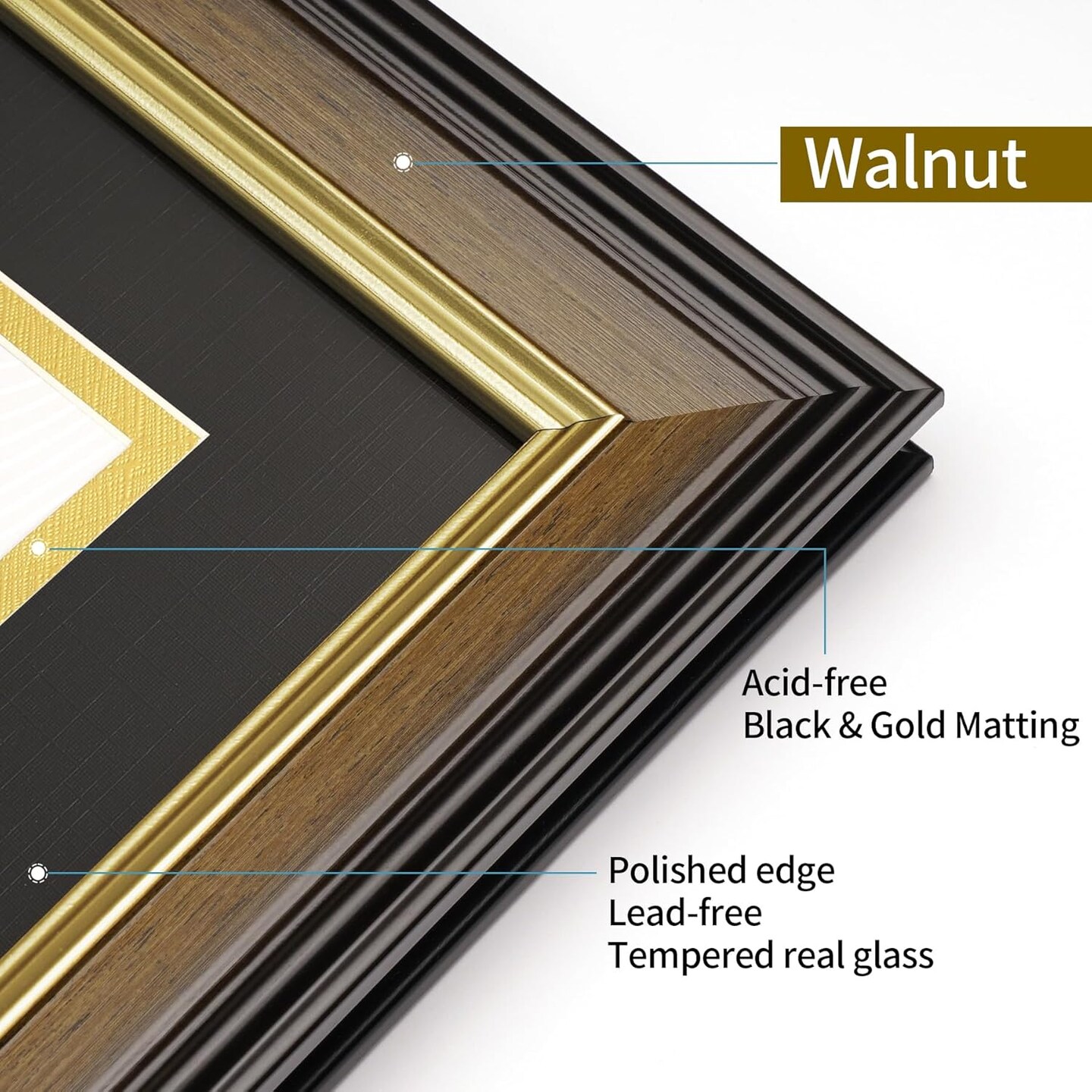 8.5x11 Diploma Frame with Black over Gold Acid-free Mat or Display 11x14 Document without Mat, Certificate Frame with Tempered Glass, Tabletop or Wall Mount (1 Pack, Walnut/Black)