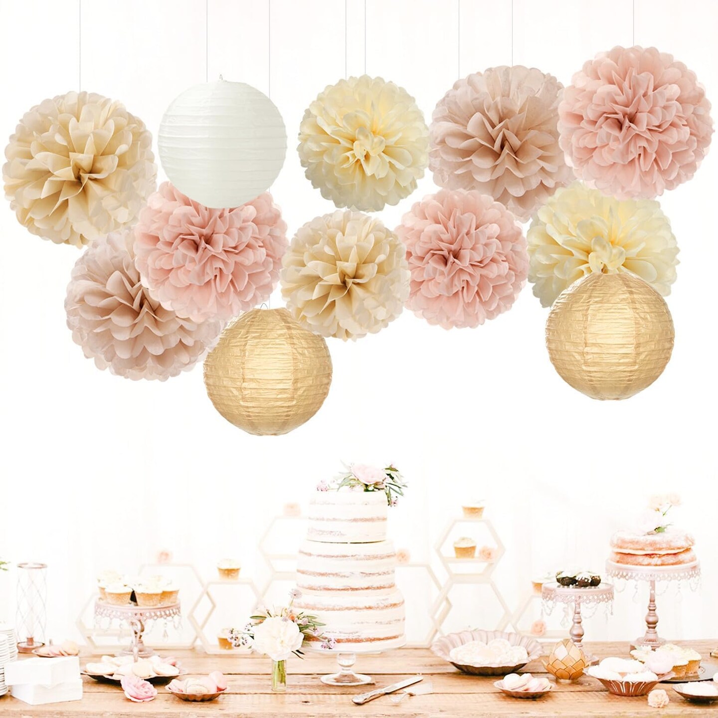 Champagne-Gold White Party-Decorations Paper-Flowers Lanterns - 15PCS Boho Fall Rustic Tissue Pom Poms Streamers,Wedding Baby Bridal Shower Neutral Autumn Birthday Hanging Supplies Decor Hugfond