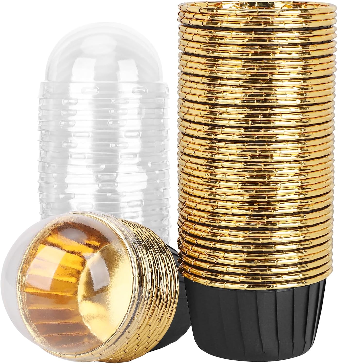 50 Black & Gold Disposable Ramekins with Lids – 3.5oz Mini Foil Cupcake & Dessert Baking Cups